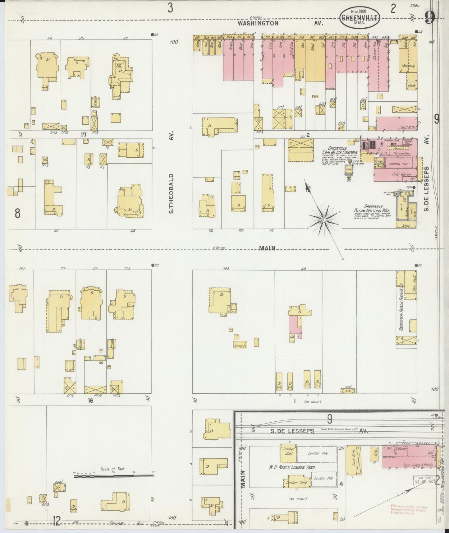 Sanborn Fire Insurance Map from Greenville, Washington County, Mississippi (1900), Sheet #0009 - Historic Sanborn Fire Insurance Map Print, vintage old map wall art, antique decor, genealogy gift, Mississippi Mississippi map
