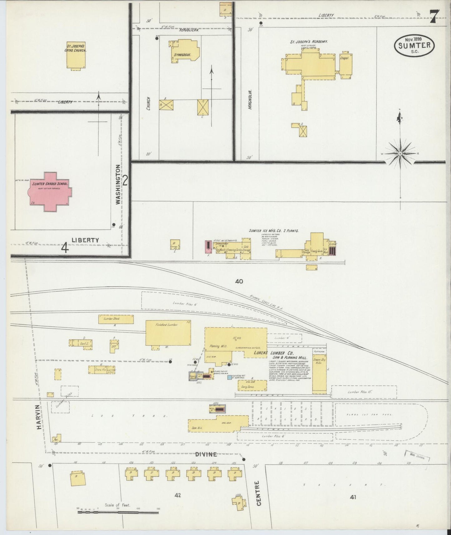 Sanborn Fire Insurance Map from Sumter, Sumter County, South Carolina (1899), Sheet #0007 - Historic Sanborn Fire Insurance Map Print, vintage old map wall art, antique decor, genealogy gift, South Carolina South Carolina map