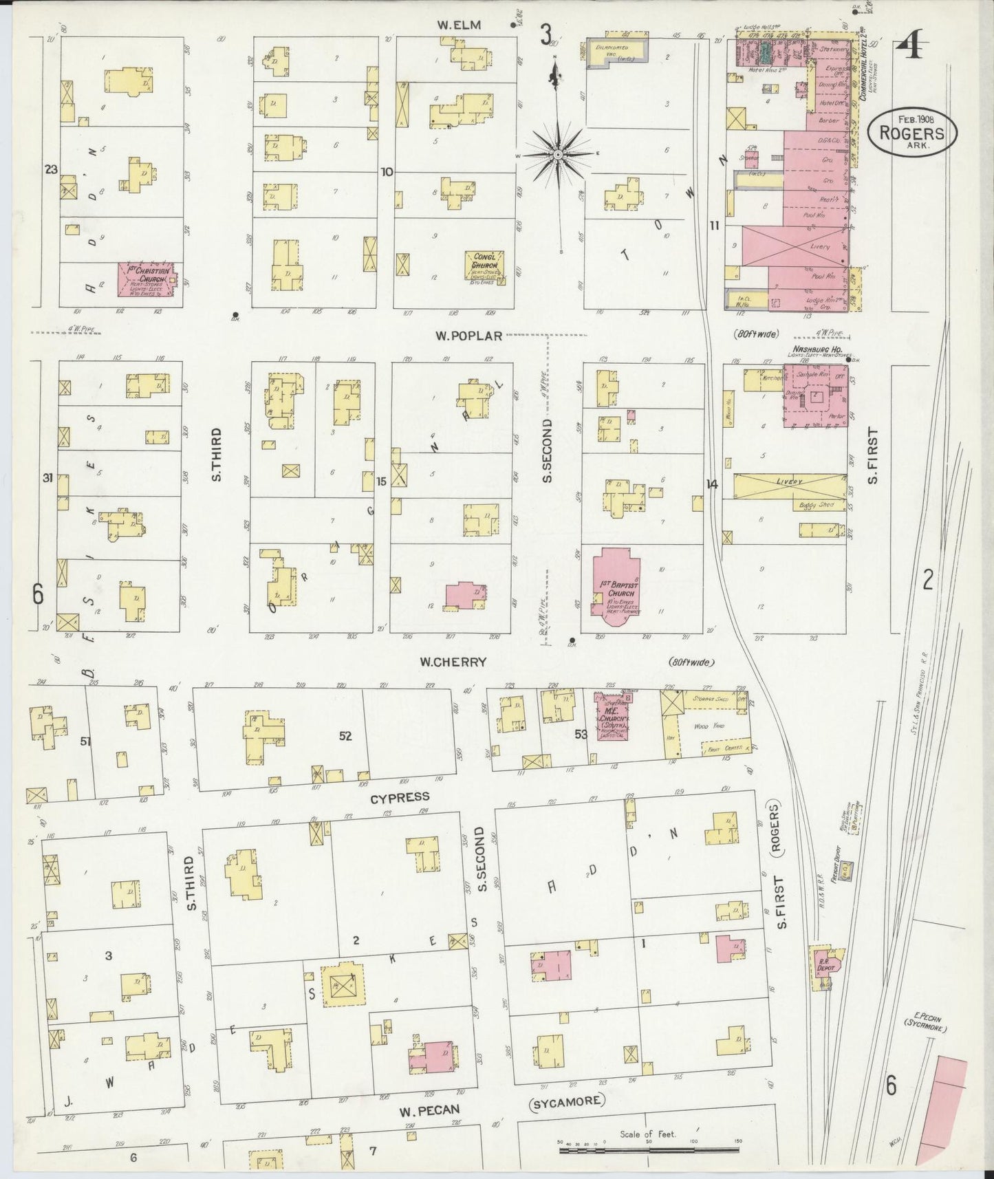 Sanborn Fire Insurance Map from Rogers, Benton County, Arkansas (1908), Sheet #0004 - Historic Sanborn Fire Insurance Map Print, vintage old map wall art, antique decor, genealogy gift, Arkansas Arkansas map