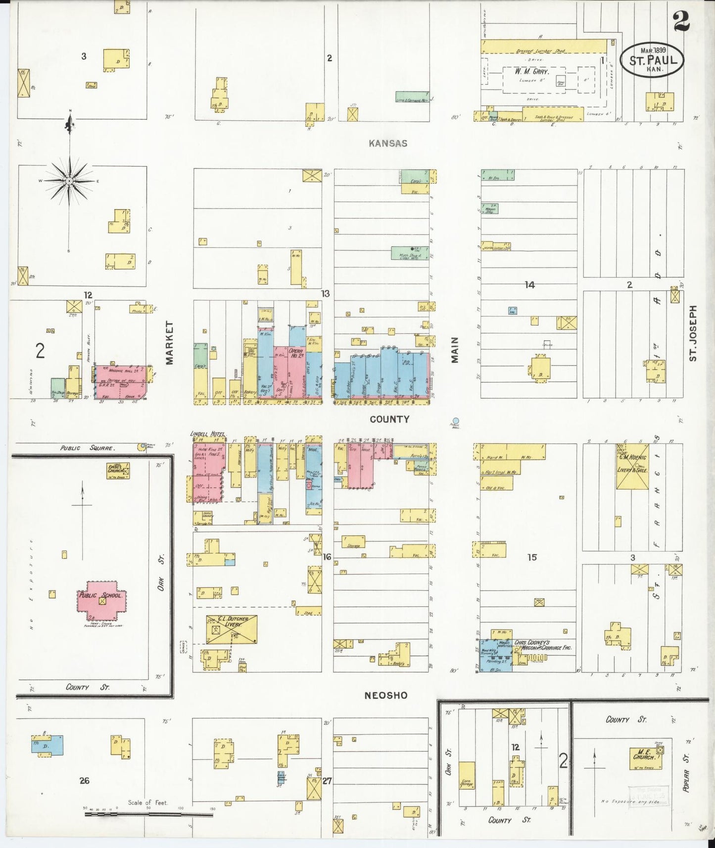 Sanborn Fire Insurance Map from Saint Paul, Neosho County, Kansas (1899), Sheet #0002 - Complete Map Set gallery image, historic Sanborn map, vintage wall art, Kansas Kansas