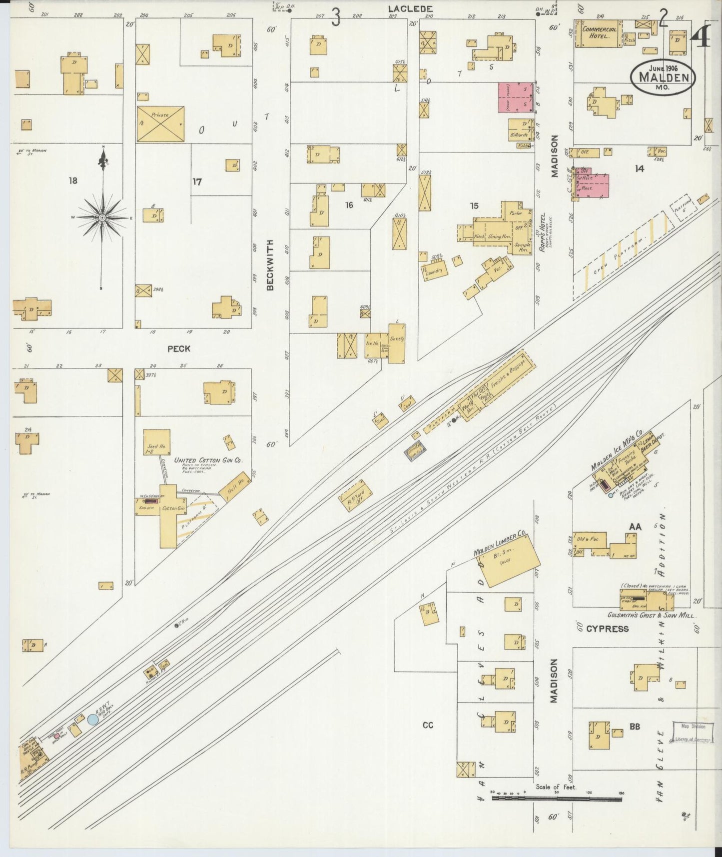 Sanborn Fire Insurance Map from Malden, Dunklin County, Missouri (1906), Sheet #0004 - Complete Map Set gallery image, historic Sanborn map, vintage wall art, Missouri Missouri