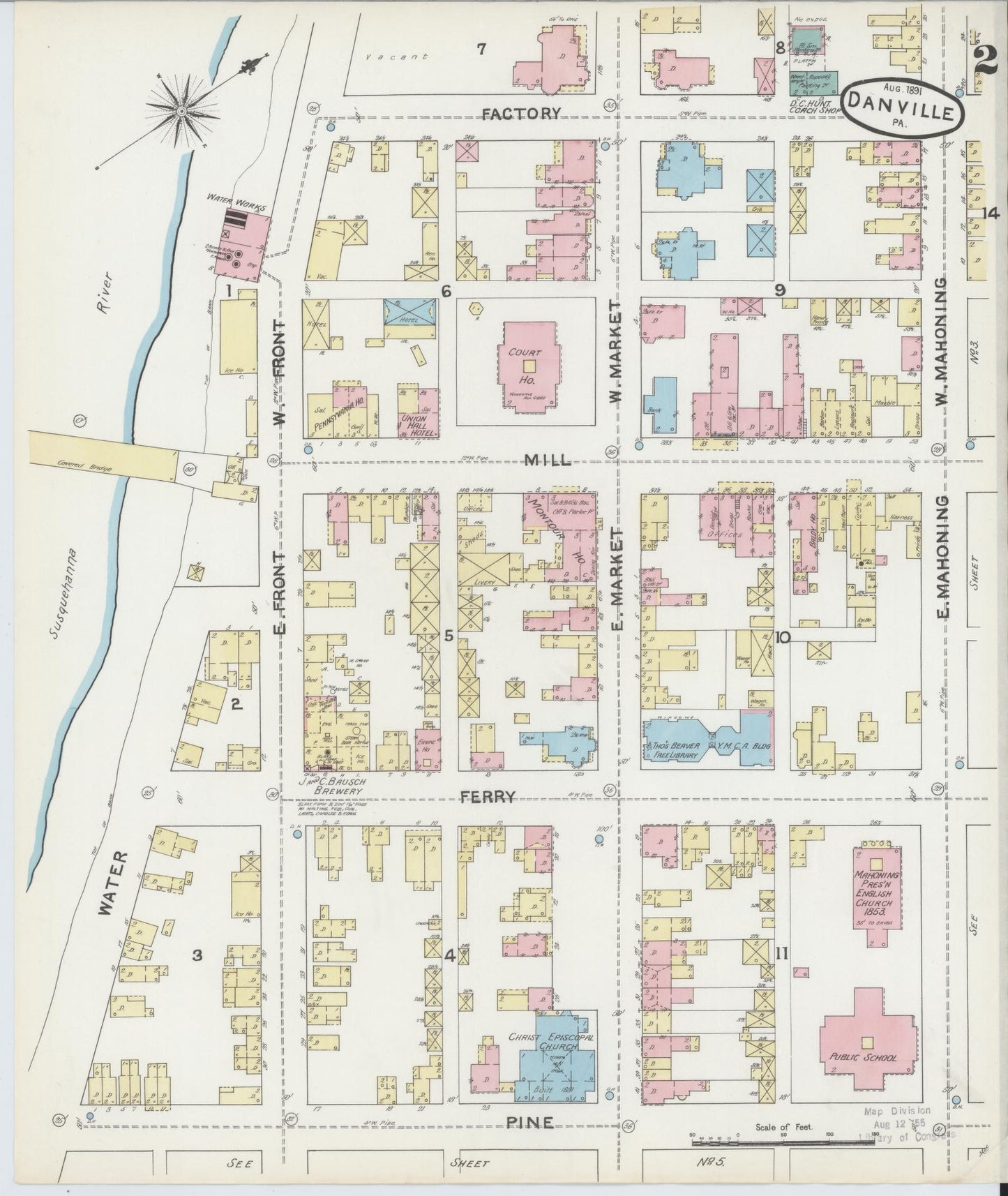 Sanborn Fire Insurance Map from Danville, Montour County, Pennsylvania (1891), Sheet #0002 - Historic Sanborn Fire Insurance Map Print, vintage old map wall art, antique decor, genealogy gift, Pennsylvania Pennsylvania map