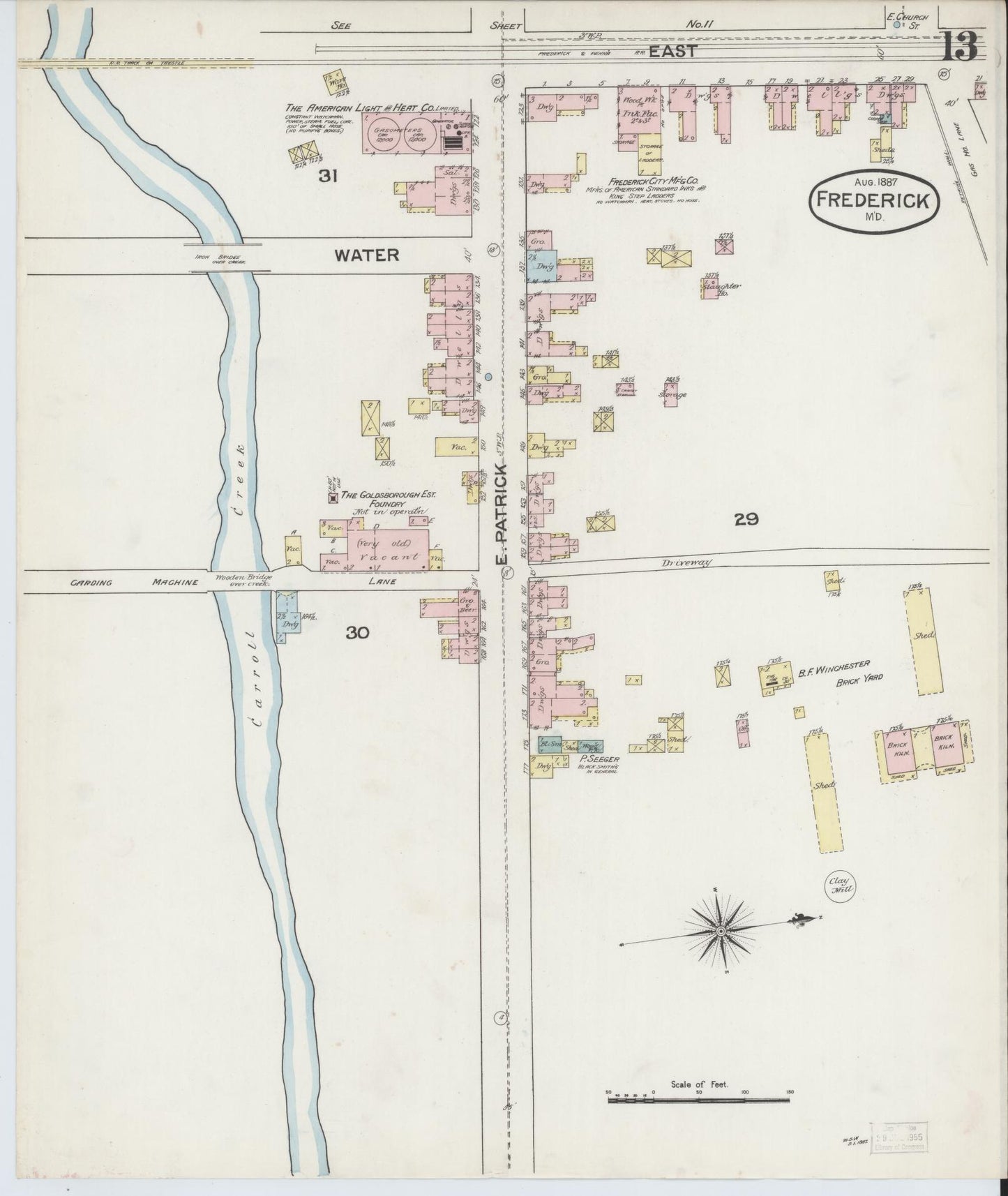 Frederick, Maryland - 1887 - Sanborn Fire Insurance Map, Sheet #0013 - Historic Sanborn Fire Insurance Map Print, Frederick Maryland 1887 0013 vintage old map wall art