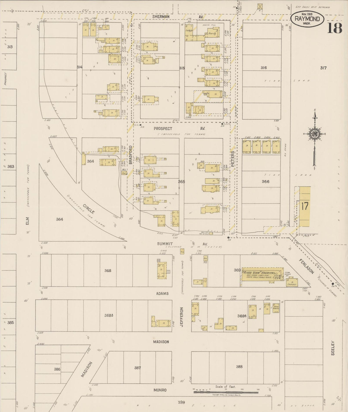 Sanborn Fire Insurance Map from Raymond, Pacific County, Washington (1919), Sheet #0018 - Historic Sanborn Fire Insurance Map Print, vintage old map wall art, antique decor, genealogy gift, Washington Washington map