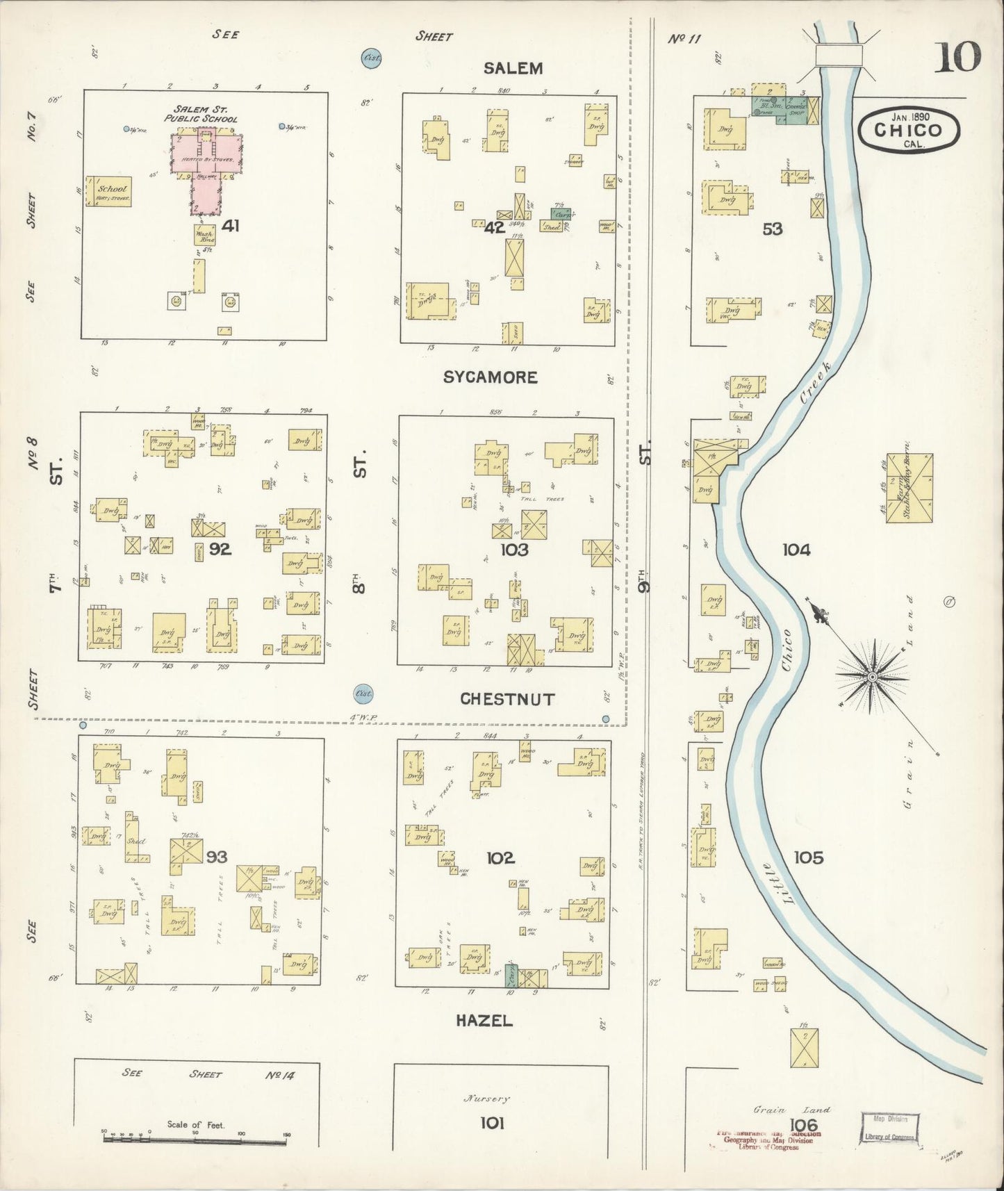 Sanborn Fire Insurance Map from Chico, Butte County, California (1890), Sheet #0010 - Historic Sanborn Fire Insurance Map Print, vintage old map wall art, antique decor, genealogy gift, California California map