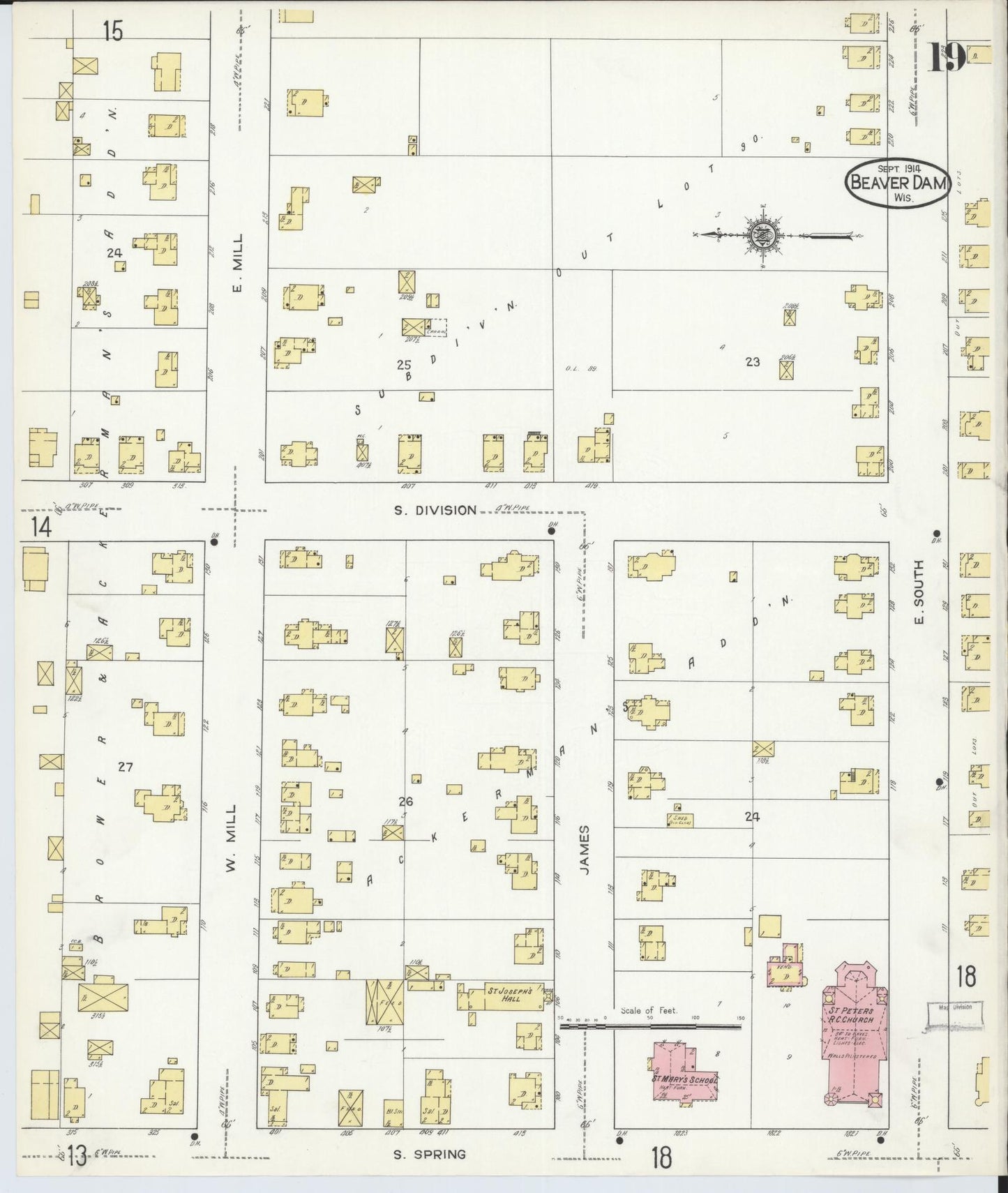 Sanborn Fire Insurance Map from Beaver Dam, Dodge County, Wisconsin (1914), Sheet #0019 - Historic Sanborn Fire Insurance Map Print, vintage old map wall art, antique decor, genealogy gift, Wisconsin Wisconsin map