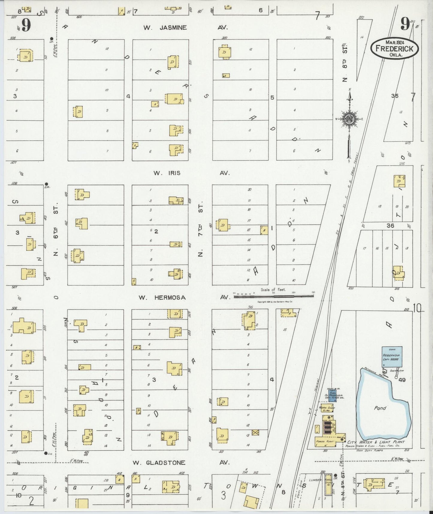 Sanborn Fire Insurance Map from Frederick, Tillman County, Oklahoma (1924), Sheet #0009 - Historic Sanborn Fire Insurance Map Print, vintage old map wall art, antique decor, genealogy gift, Oklahoma Oklahoma map