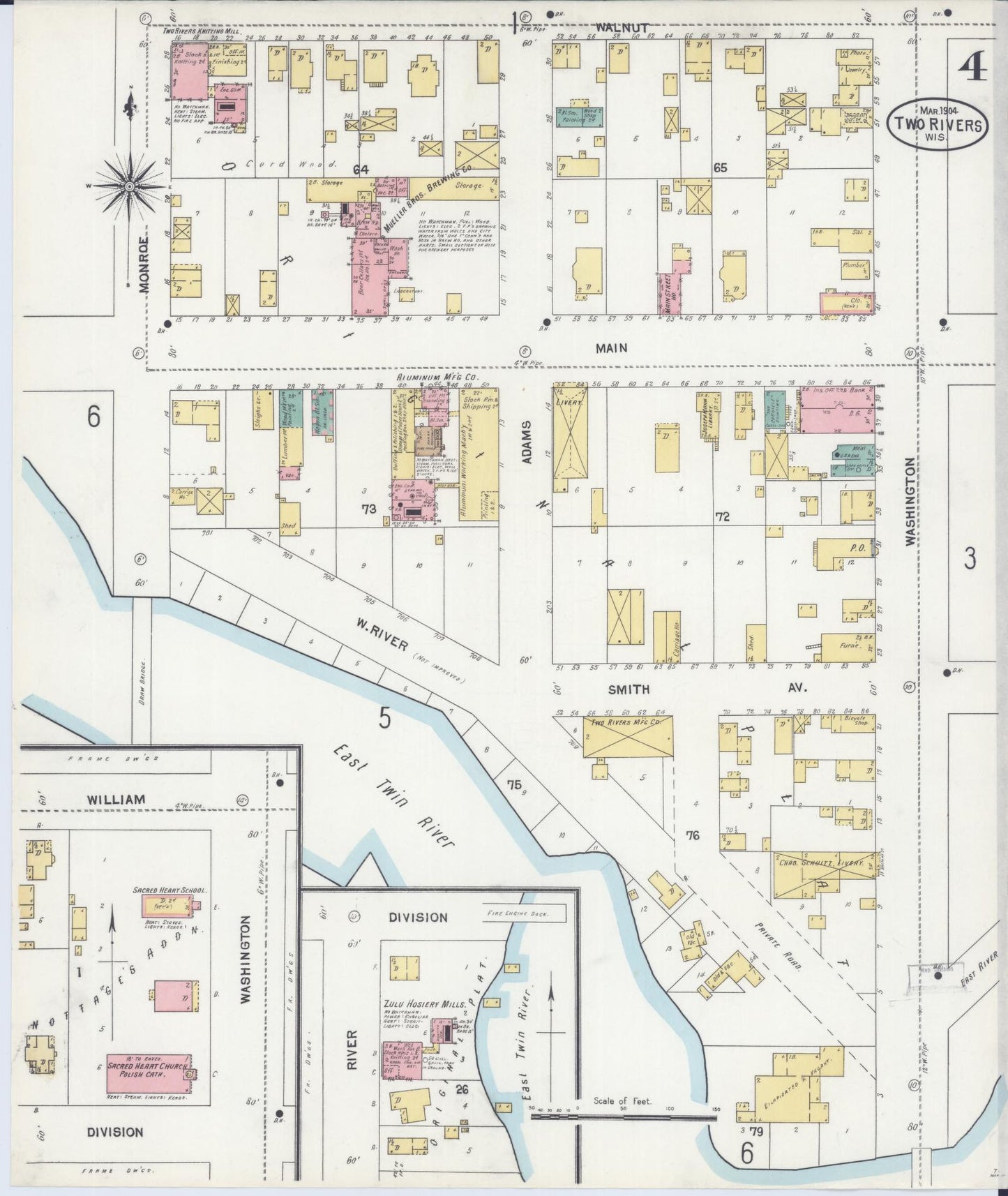 Sanborn Fire Insurance Map from Two Rivers, Manitowoc County, Wisconsin (1904), Sheet #0004 - Historic Sanborn Fire Insurance Map Print, vintage old map wall art, antique decor, genealogy gift, Wisconsin Wisconsin map