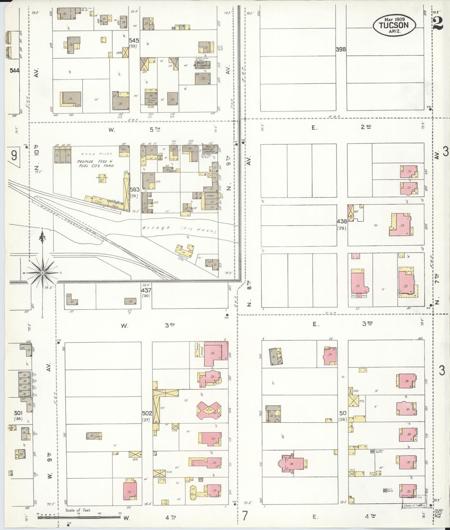 Sanborn Fire Insurance Map from Tucson, Pima County, Arizona (1909), Sheet #0002 - Historic Sanborn Fire Insurance Map Print, vintage old map wall art, antique decor, genealogy gift, Arizona Arizona map