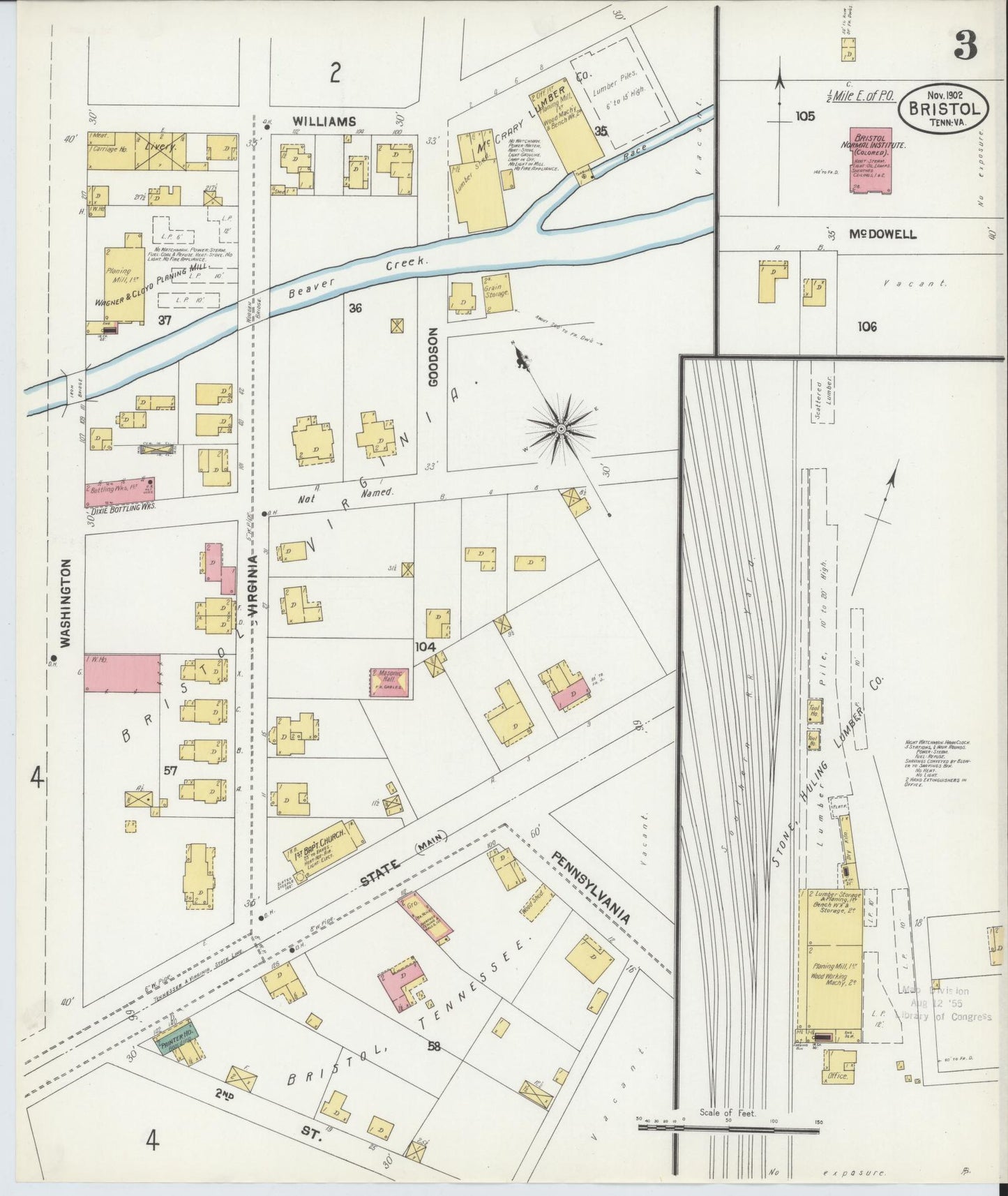 Sanborn Fire Insurance Map from Bristol, Sullivan County, Tennessee (1902), Sheet #0003 - Historic Sanborn Fire Insurance Map Print, vintage old map wall art, antique decor, genealogy gift, Tennessee Tennessee map