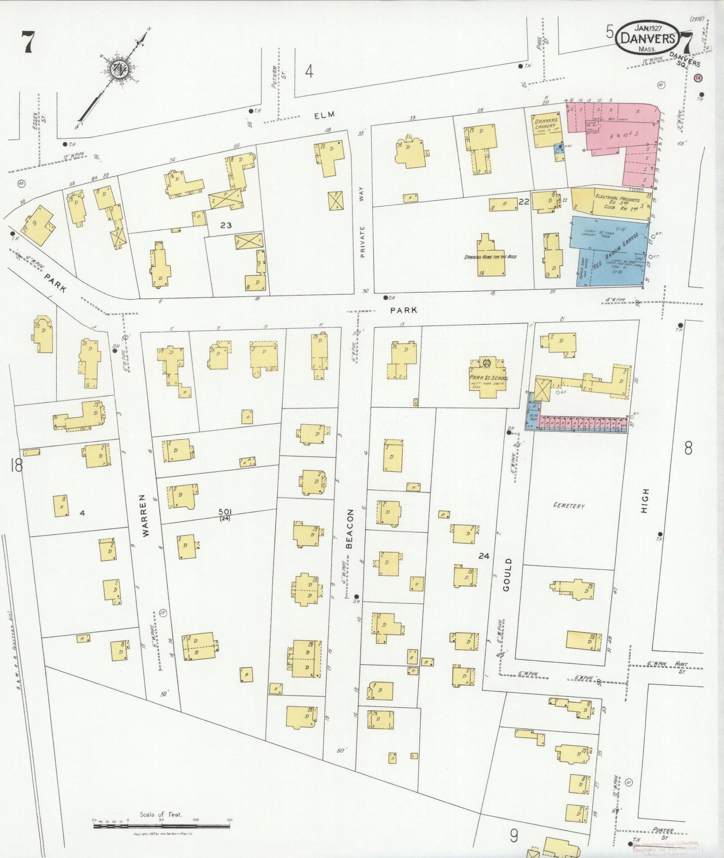 Sanborn Fire Insurance Map from Danvers, Essex County, Massachusetts (1927), Sheet #0007 - Historic Sanborn Fire Insurance Map Print, vintage old map wall art, antique decor, genealogy gift, Massachusetts Massachusetts map