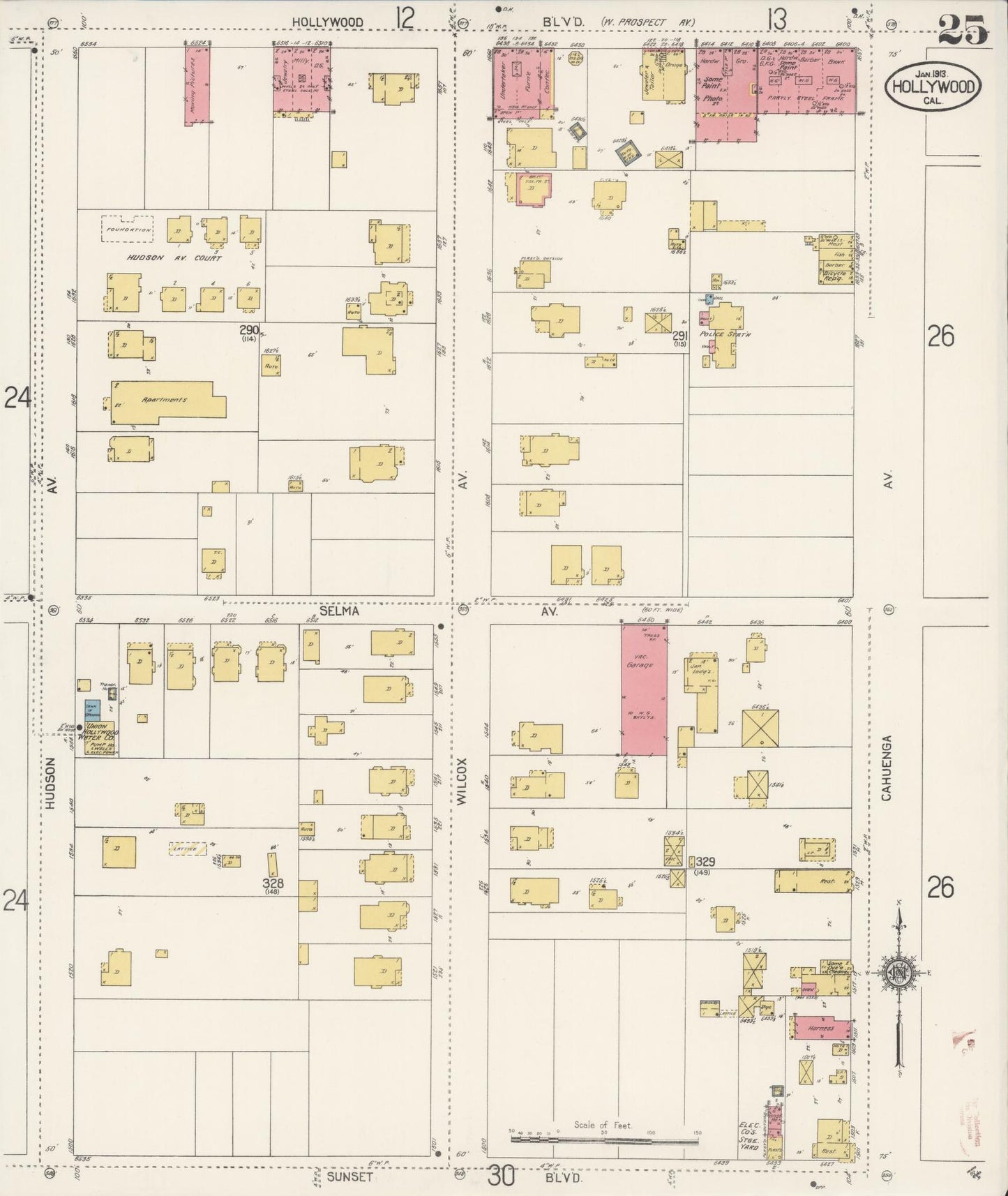 Sanborn Fire Insurance Map from Hollywood, Los Angeles County, California (1913), Sheet #0025 - Historic Sanborn Fire Insurance Map Print, vintage old map wall art, antique decor, genealogy gift, California California map
