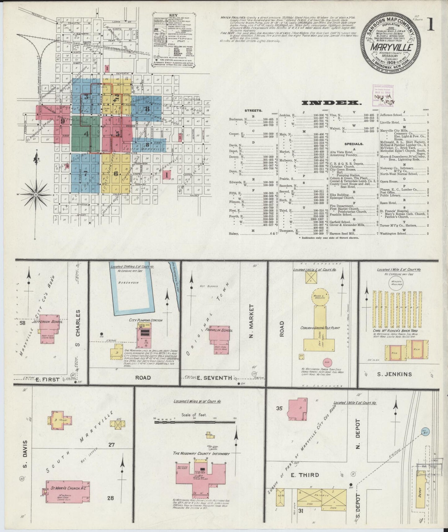 Sanborn Fire Insurance Map from Maryville, Nodaway County, Missouri (1909), Sheet #0001 - Historic Sanborn Fire Insurance Map Print, vintage old map wall art, antique decor, genealogy gift, Missouri Missouri map
