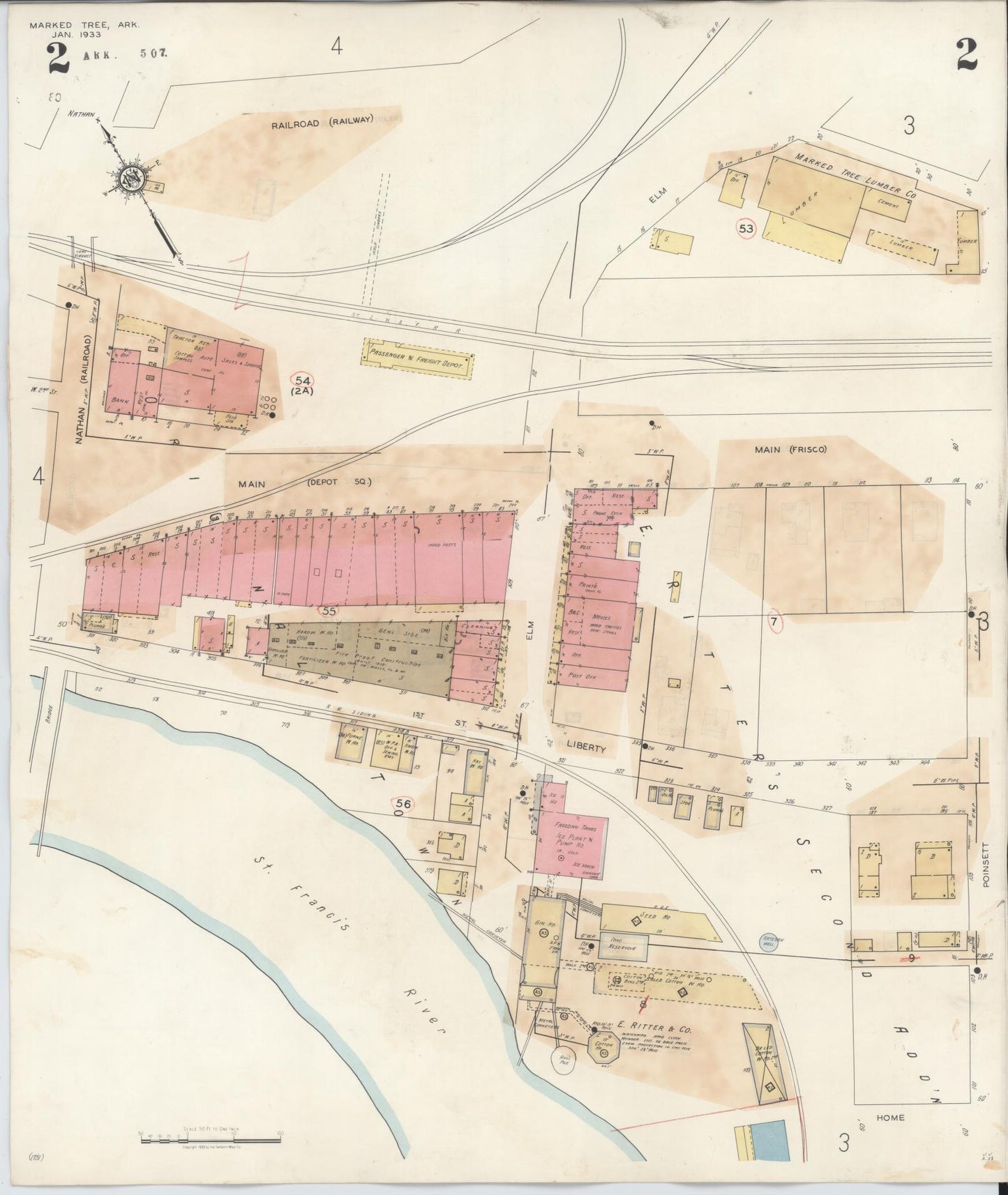 Sanborn Fire Insurance Map from Marked Tree, Poinsett County, Arkansas (1941), Sheet #0002 - Historic Sanborn Fire Insurance Map Print, vintage old map wall art, antique decor, genealogy gift, Arkansas Arkansas map