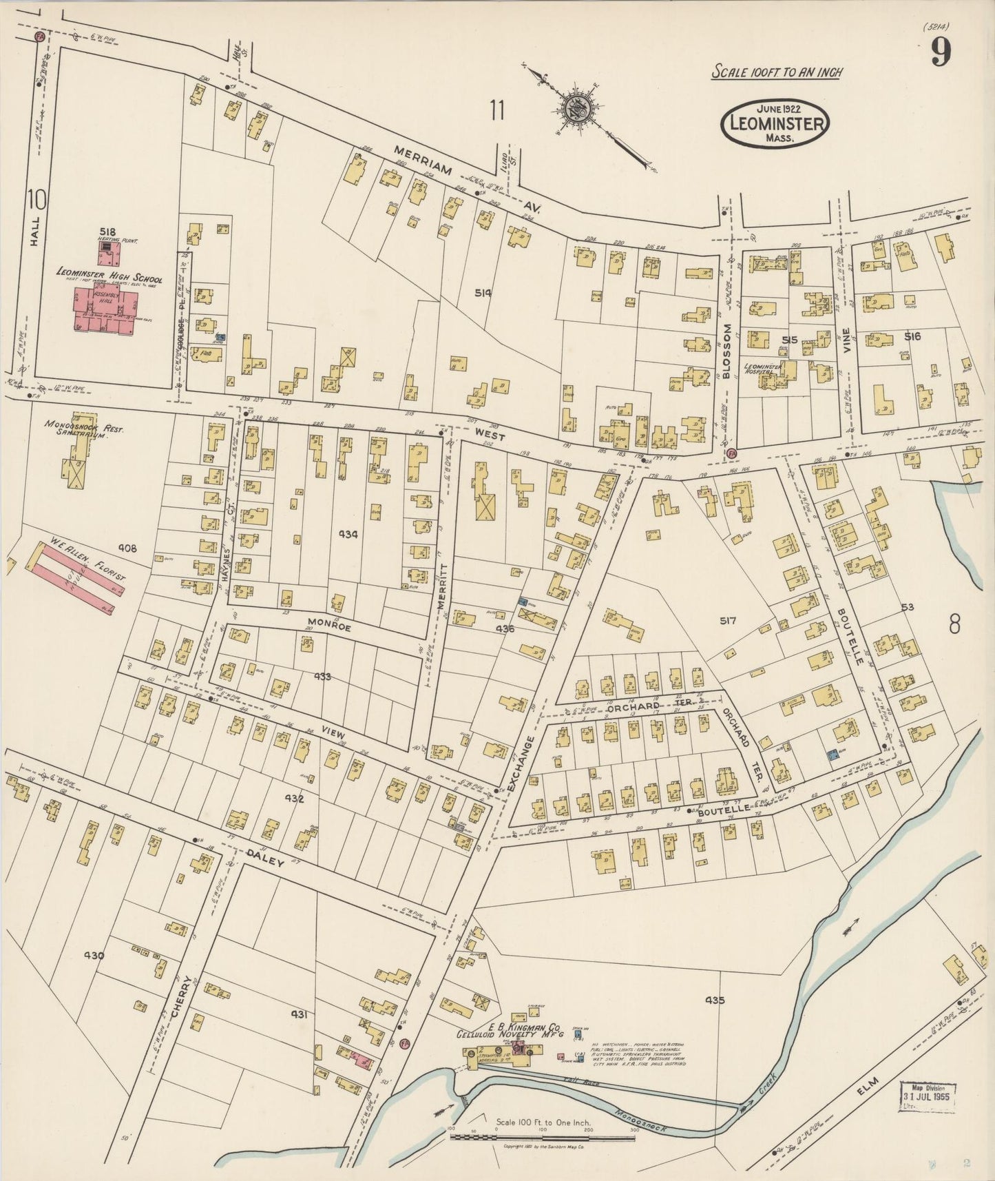 Sanborn Fire Insurance Map from Leominster, Worcester County, Massachusetts (1922), Sheet #0009 - Historic Sanborn Fire Insurance Map Print, vintage old map wall art, antique decor, genealogy gift, Massachusetts Massachusetts map