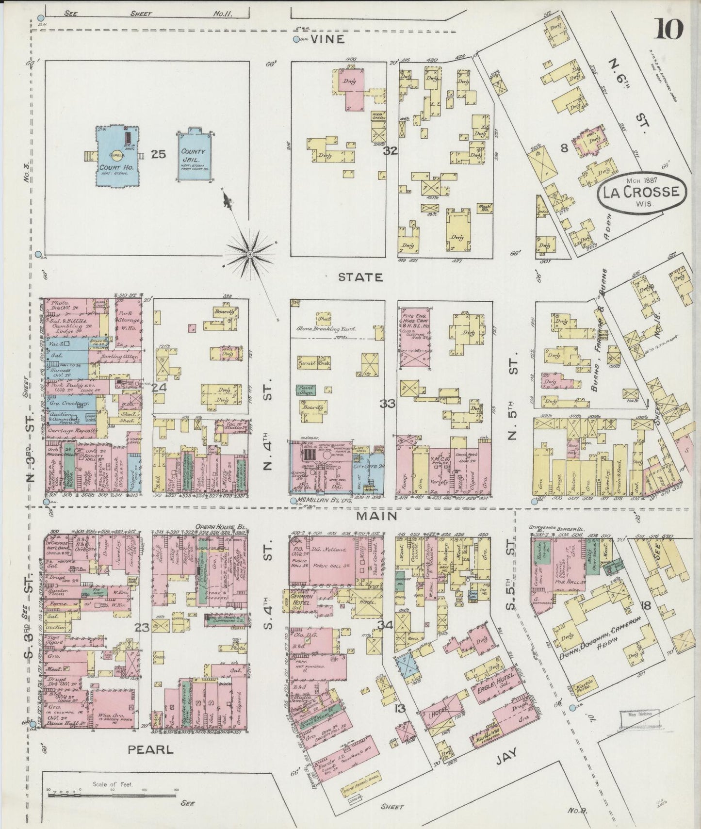 Sanborn Fire Insurance Map from La Crosse, La Crosse County, Wisconsin (1887), Sheet #0010 - Historic Sanborn Fire Insurance Map Print, vintage old map wall art, antique decor, genealogy gift, Wisconsin Wisconsin map