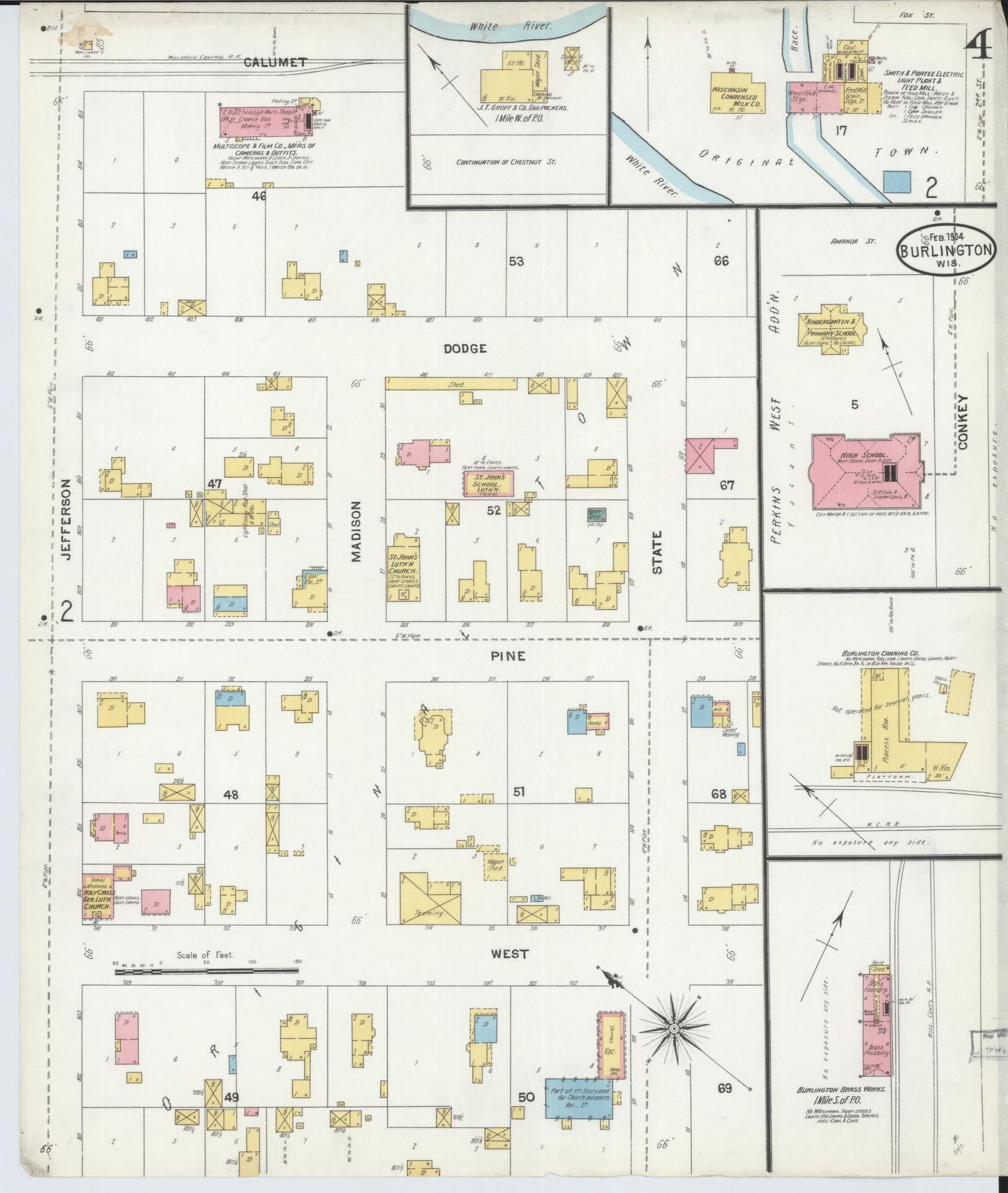 Sanborn Fire Insurance Map from Burlington, Racine County, Wisconsin (1904), Sheet #0004 - Historic Sanborn Fire Insurance Map Print, vintage old map wall art, antique decor, genealogy gift, Wisconsin Wisconsin map