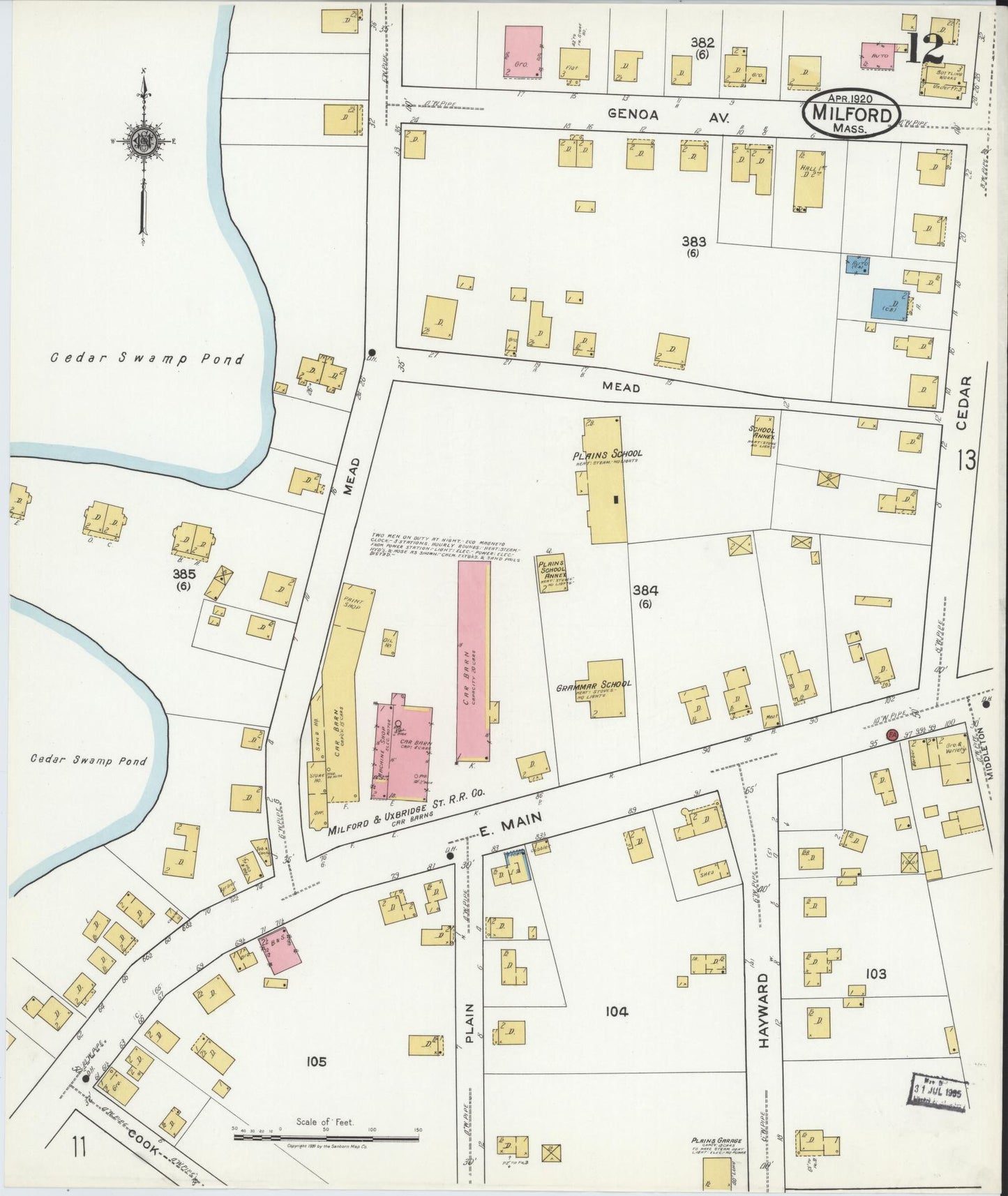 Sanborn Fire Insurance Map from Milford, Worcester County, Massachusetts (1920), Sheet #0012 - Historic Sanborn Fire Insurance Map Print, vintage old map wall art, antique decor, genealogy gift, Massachusetts Massachusetts map