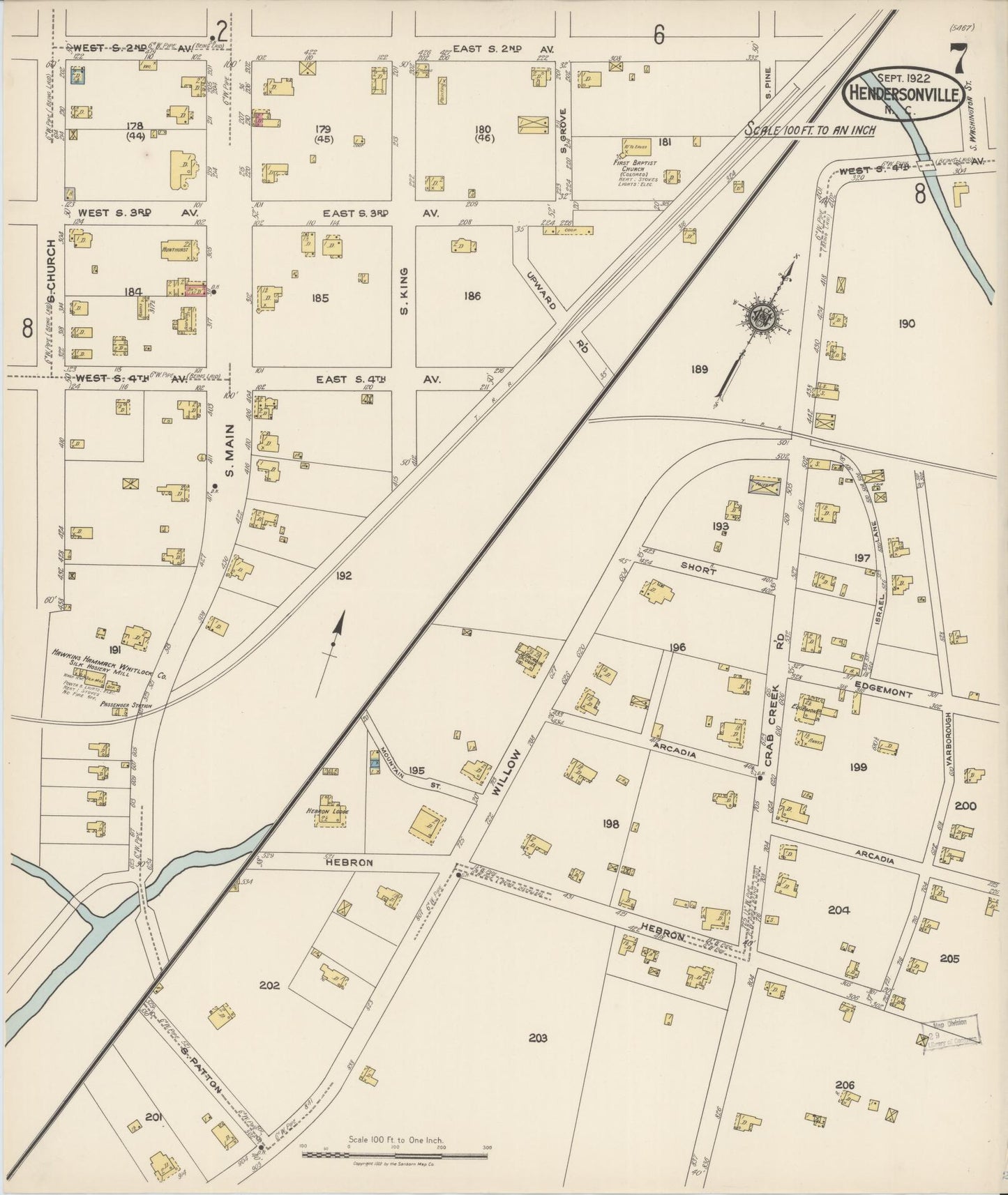 Sanborn Fire Insurance Map from Hendersonville, Henderson County, North Carolina (1922), Sheet #0007 - Historic Sanborn Fire Insurance Map Print, vintage old map wall art, antique decor, genealogy gift, North Carolina North Carolina map