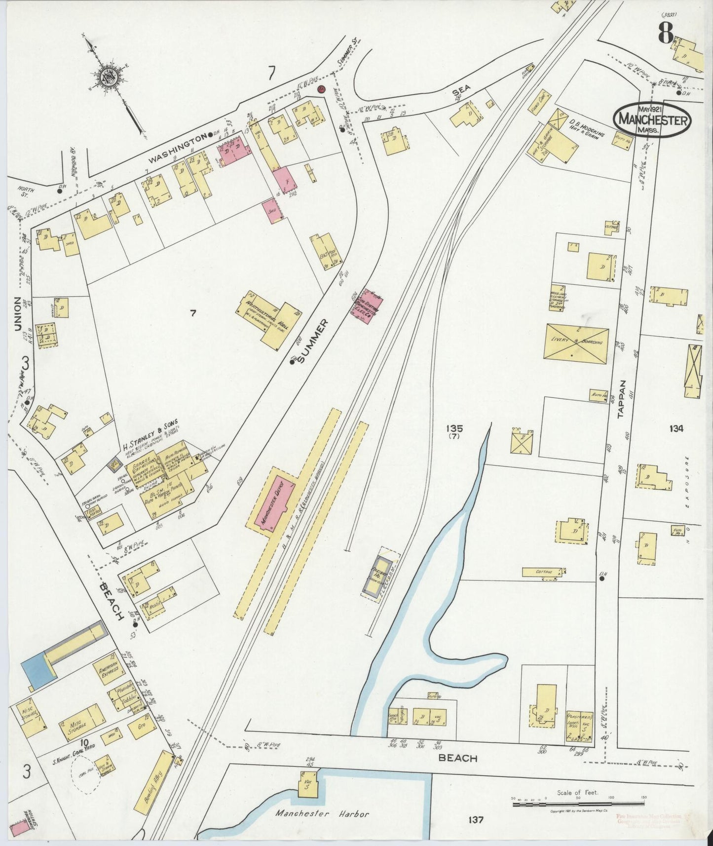 Sanborn Fire Insurance Map from Manchester, Essex County, Massachusetts (1921), Sheet #0008 - Historic Sanborn Fire Insurance Map Print, vintage old map wall art, antique decor, genealogy gift, Massachusetts Massachusetts map