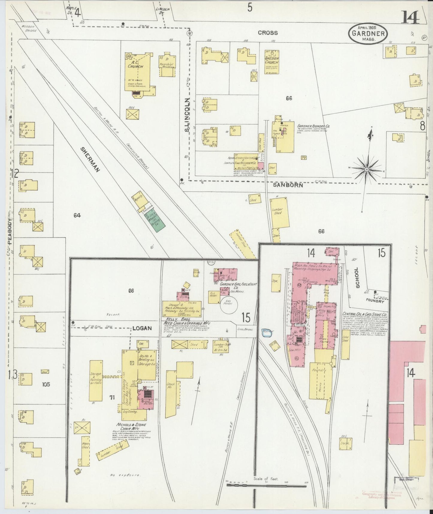Sanborn Fire Insurance Map from Gardner, Worcester County, Massachusetts (1905), Sheet #0014 - Historic Sanborn Fire Insurance Map Print, vintage old map wall art, antique decor, genealogy gift, Massachusetts Massachusetts map