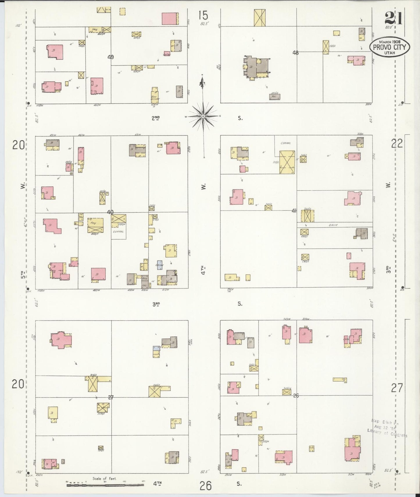 Sanborn Fire Insurance Map from Provo, Utah County, Utah (1908), Sheet #0021 - Historic Sanborn Fire Insurance Map Print, vintage old map wall art, antique decor, genealogy gift, Provo Utah map