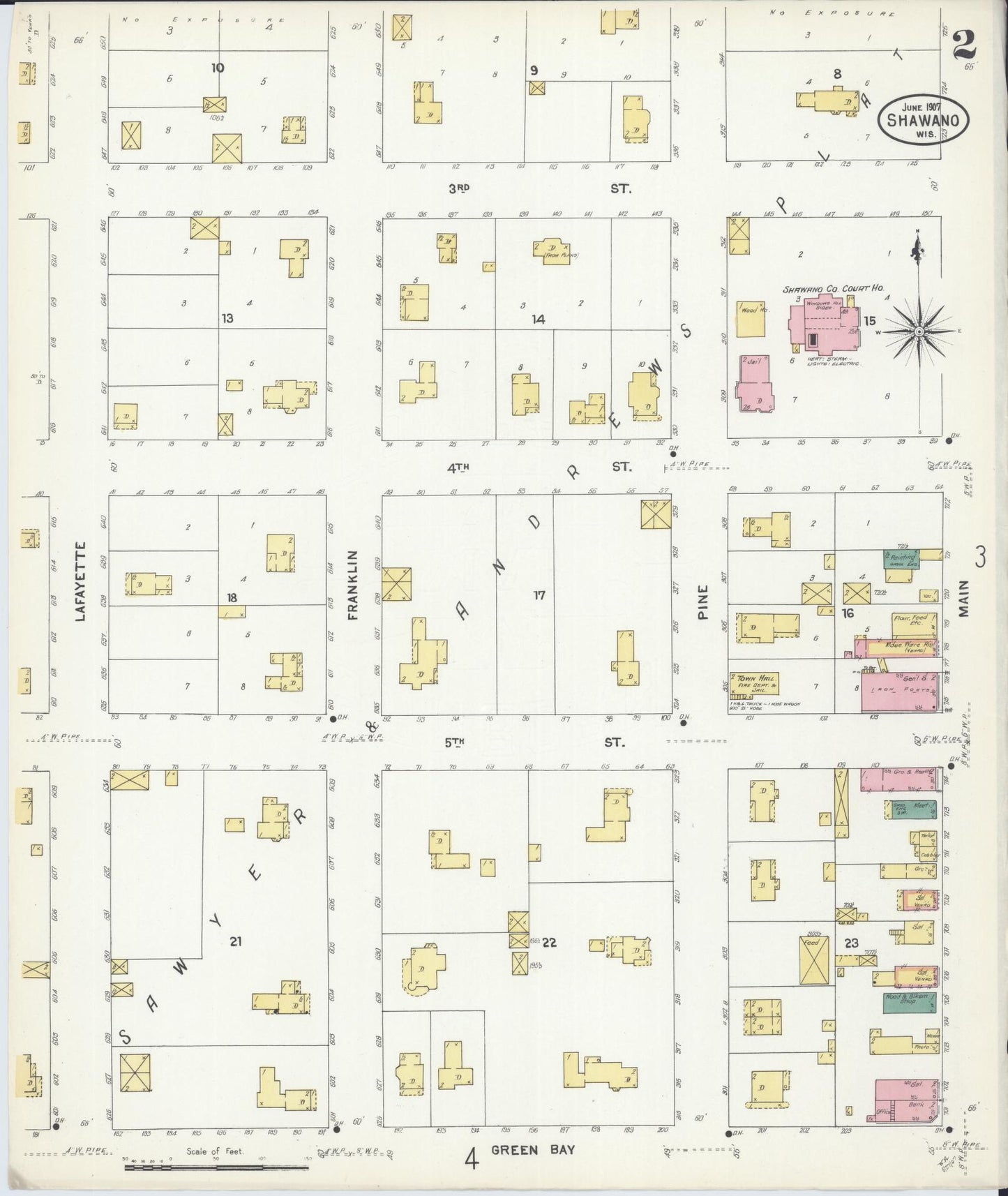 Sanborn Fire Insurance Map from Shawano, Shawano County, Wisconsin (1907), Sheet #0002 - Historic Sanborn Fire Insurance Map Print, vintage old map wall art, antique decor, genealogy gift, Wisconsin Wisconsin map
