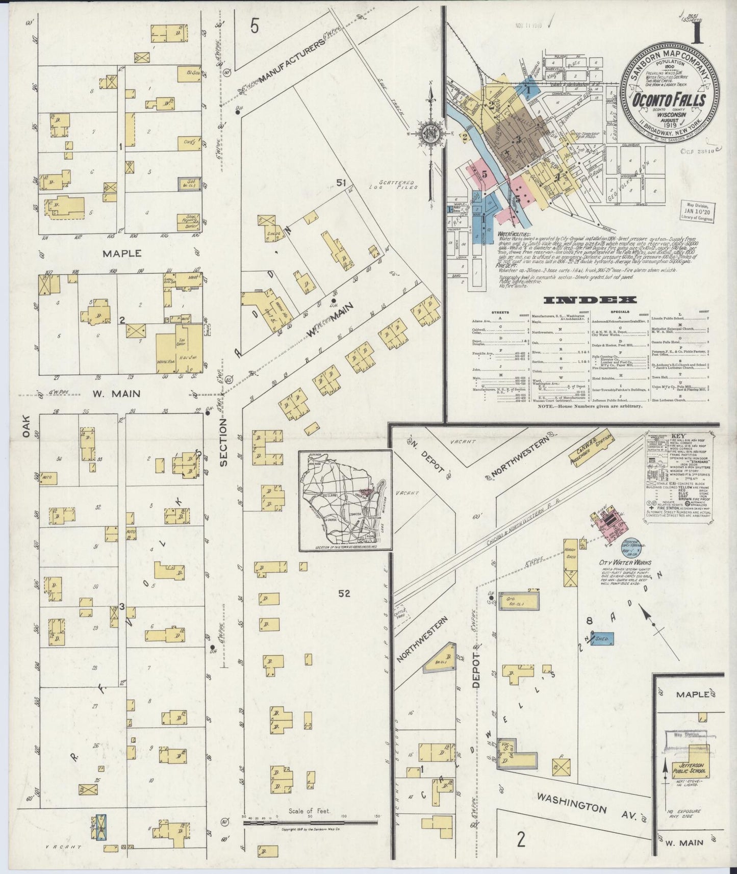 Sanborn Fire Insurance Map from Oconto Falls, Oconto County, Wisconsin (1919), Sheet #0001 - Historic Sanborn Fire Insurance Map Print, vintage old map wall art, antique decor, genealogy gift, Wisconsin Wisconsin map