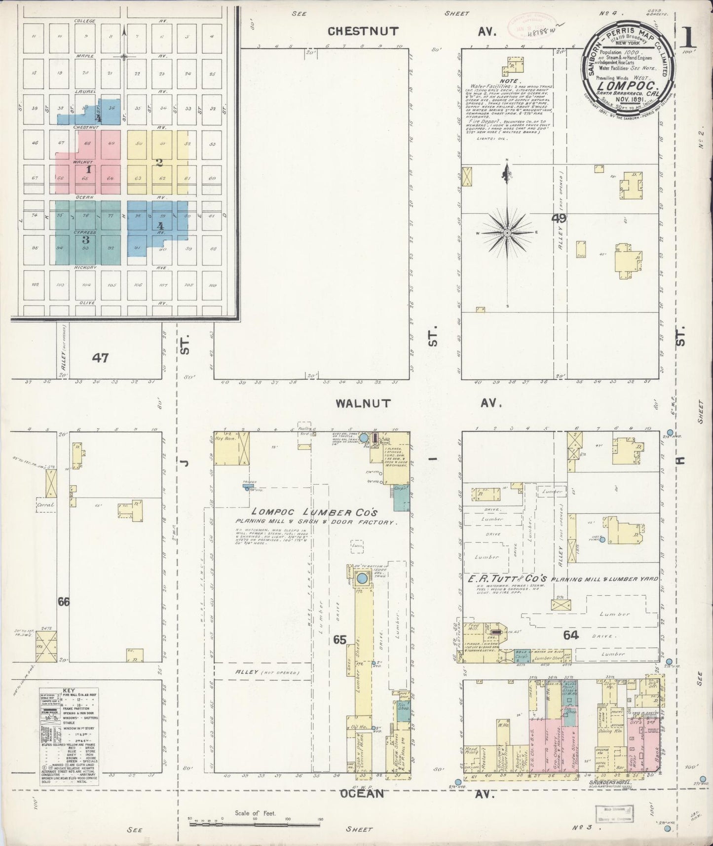 Sanborn Fire Insurance Map from Lompoc, Santa Barbara County, California (1891), Sheet #0001 - Historic Sanborn Fire Insurance Map Print, vintage old map wall art, antique decor, genealogy gift, California California map