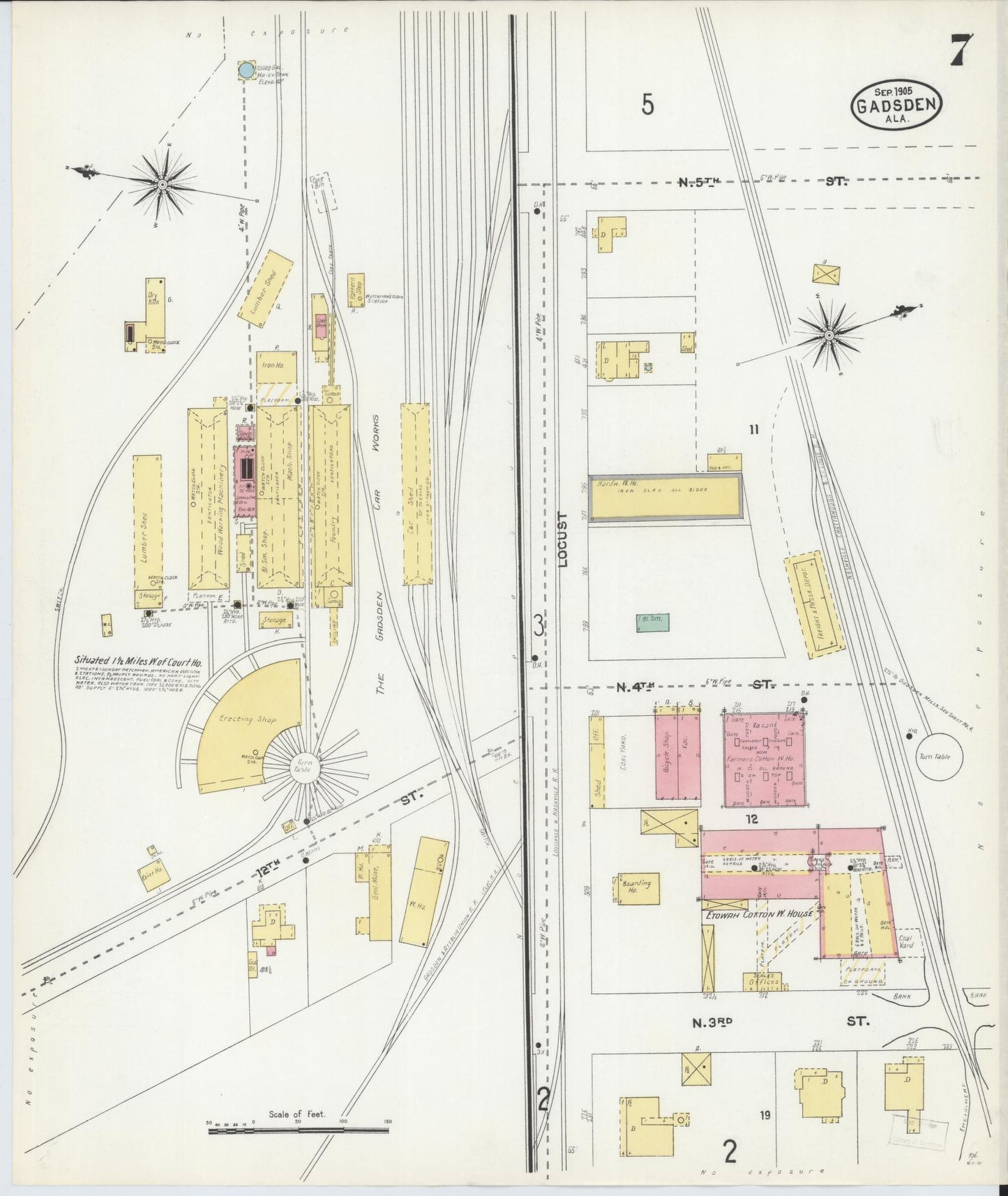 Sanborn Fire Insurance Map from Gadsden, Etowah County, Alabama (1905), Sheet #0007 - Historic Sanborn Fire Insurance Map Print, vintage old map wall art, antique decor, genealogy gift, Alabama Alabama map