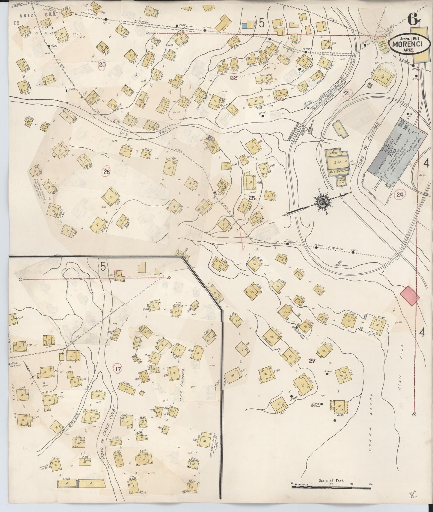 Sanborn Fire Insurance Map from Morenci, Greenlee County, Arizona (1931), Sheet #0006 - Historic Sanborn Fire Insurance Map Print, vintage old map wall art, antique decor, genealogy gift, Arizona Arizona map