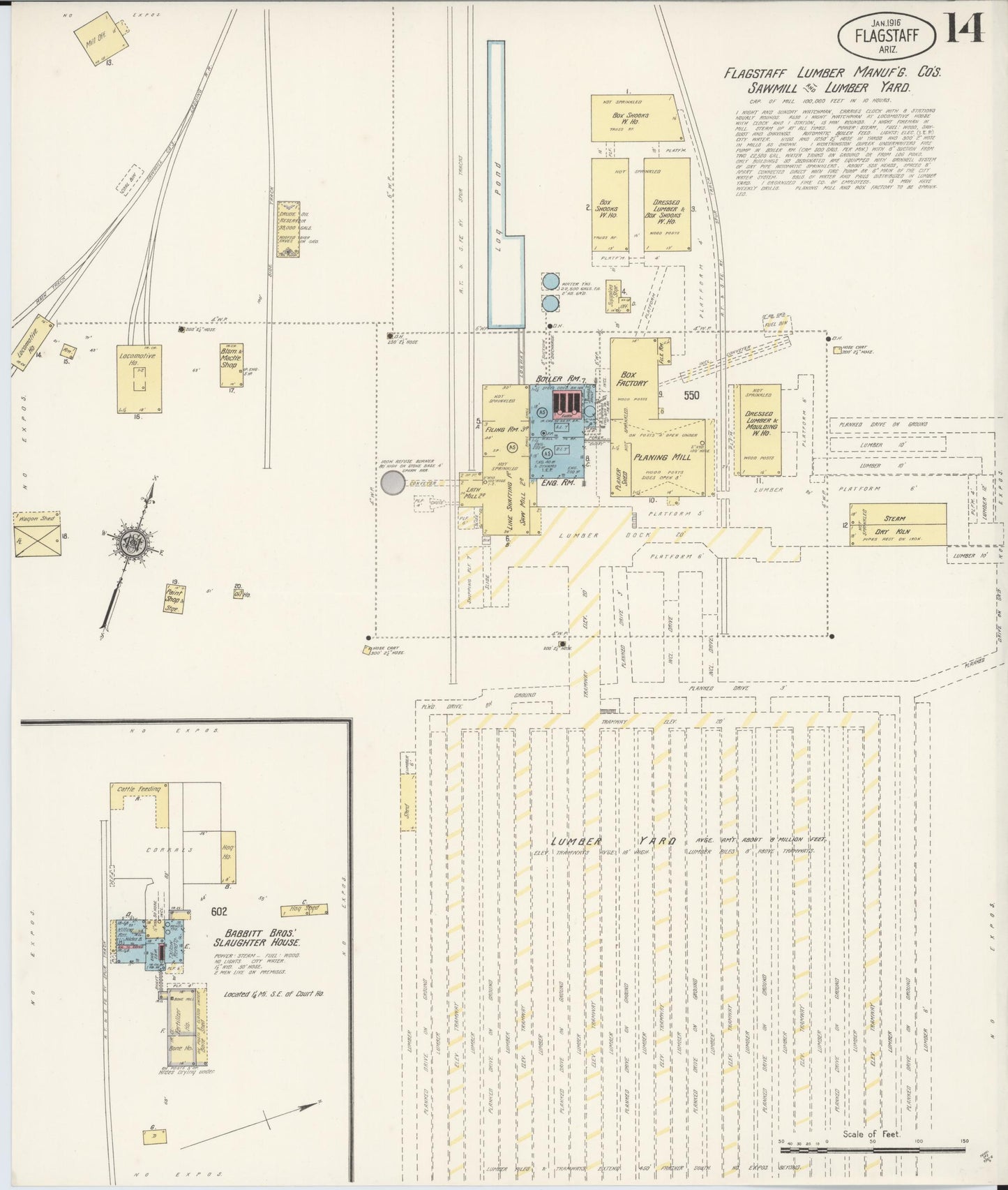 Sanborn Fire Insurance Map from Flagstaff, Coconino County, Arizona (1916), Sheet #0014 - Historic Sanborn Fire Insurance Map Print, vintage old map wall art, antique decor, genealogy gift, Arizona Arizona map