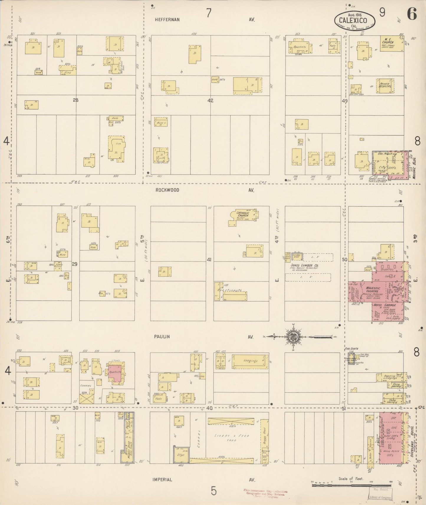 Sanborn Fire Insurance Map from Calexico, Imperial County, California (1916), Sheet #0006 - Historic Sanborn Fire Insurance Map Print, vintage old map wall art, antique decor, genealogy gift, California California map
