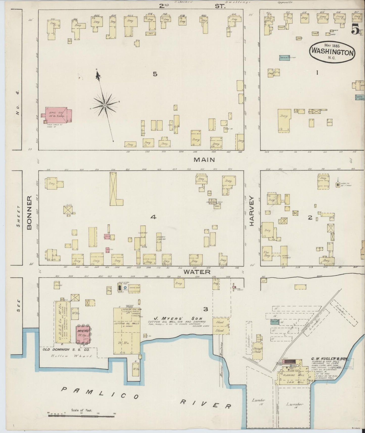 Sanborn Fire Insurance Map from Washington, Beaufort County, North Carolina (1885), Sheet #0005 - Historic Sanborn Fire Insurance Map Print, vintage old map wall art, antique decor, genealogy gift, Washington Washington map