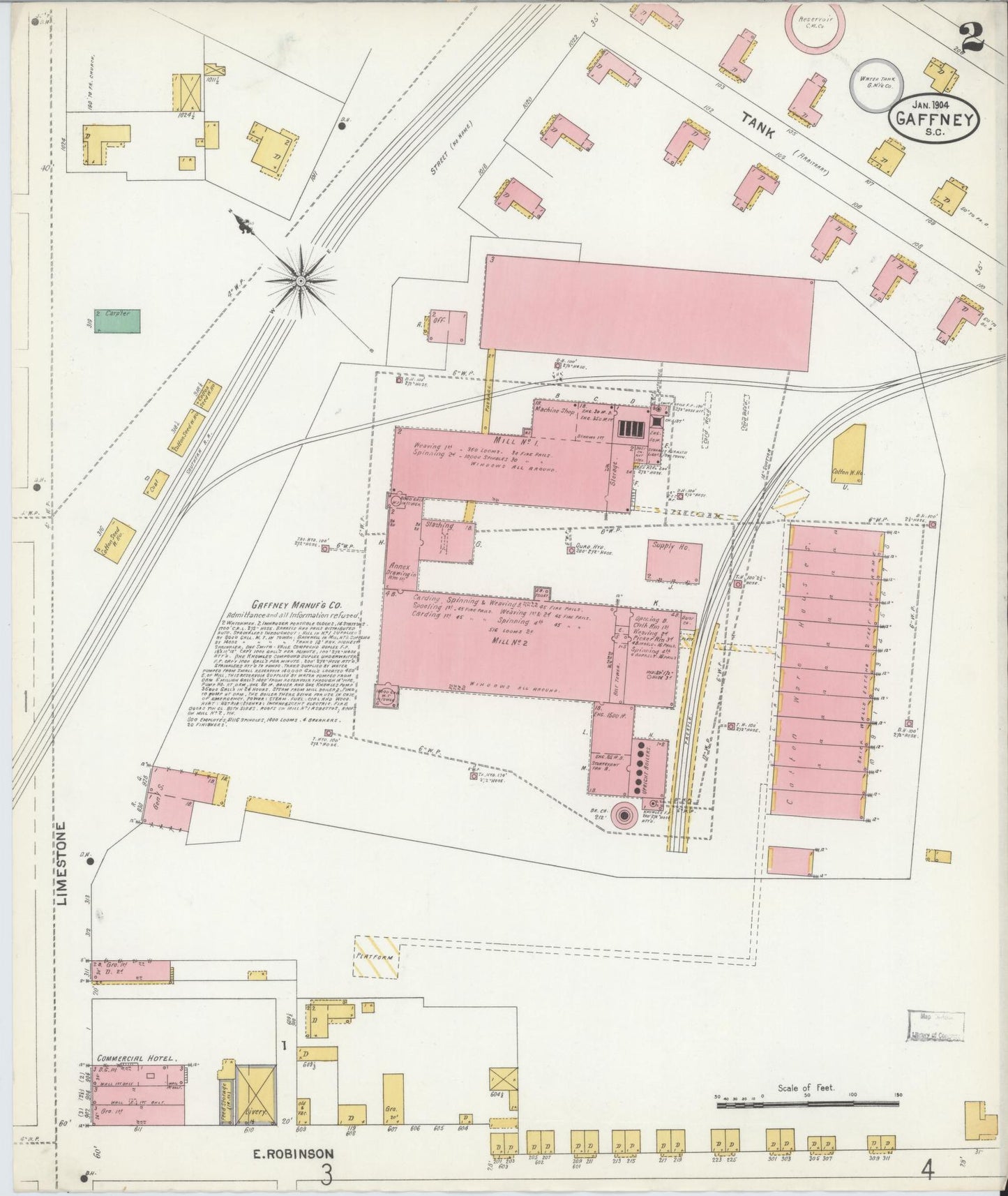 Sanborn Fire Insurance Map from Gaffney, Cherokee County, South Carolina (1904), Sheet #0002 - Historic Sanborn Fire Insurance Map Print, vintage old map wall art, antique decor, genealogy gift, South Carolina South Carolina map