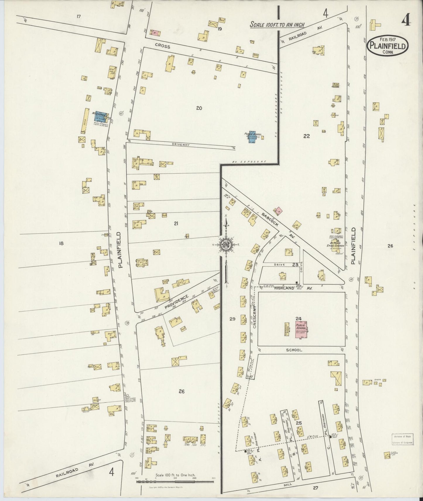 Sanborn Fire Insurance Map from Plainfield, Windham County, Connecticut (1917), Sheet #0004 - Historic Sanborn Fire Insurance Map Print, vintage old map wall art, antique decor, genealogy gift, Connecticut Connecticut map