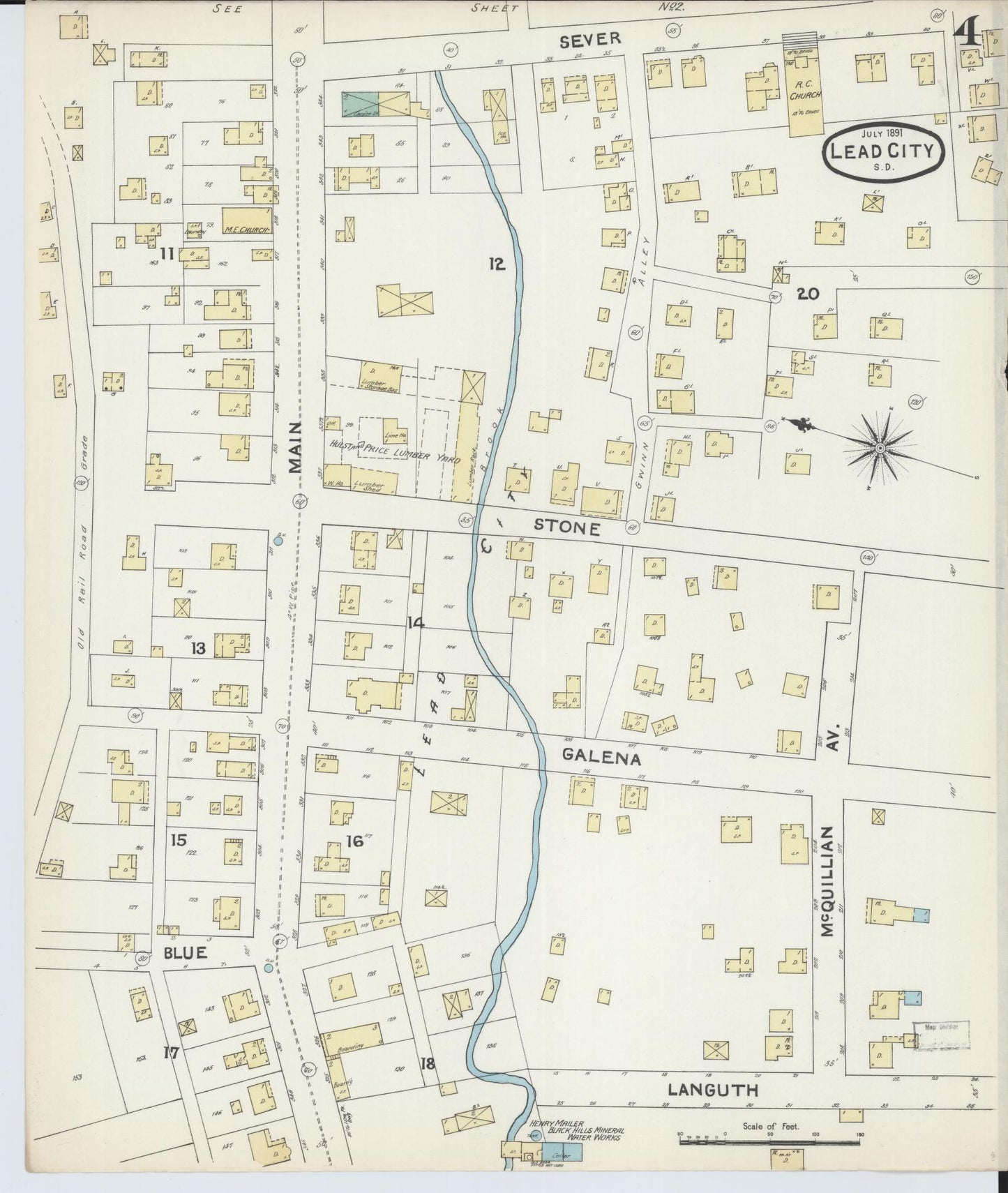 Sanborn Fire Insurance Map from Lead, Lawrence County, South Dakota (1891), Sheet #0004 - Complete Map Set gallery image, historic Sanborn map, vintage wall art, South Dakota South Dakota