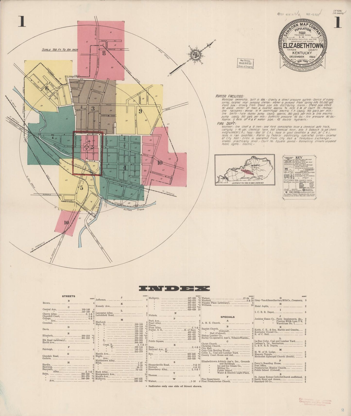 Sanborn Fire Insurance Map from Elizabethtown, Hardin County, Kentucky (1922), Sheet #0001 - Historic Sanborn Fire Insurance Map Print, vintage old map wall art, antique decor, genealogy gift, Kentucky Kentucky map