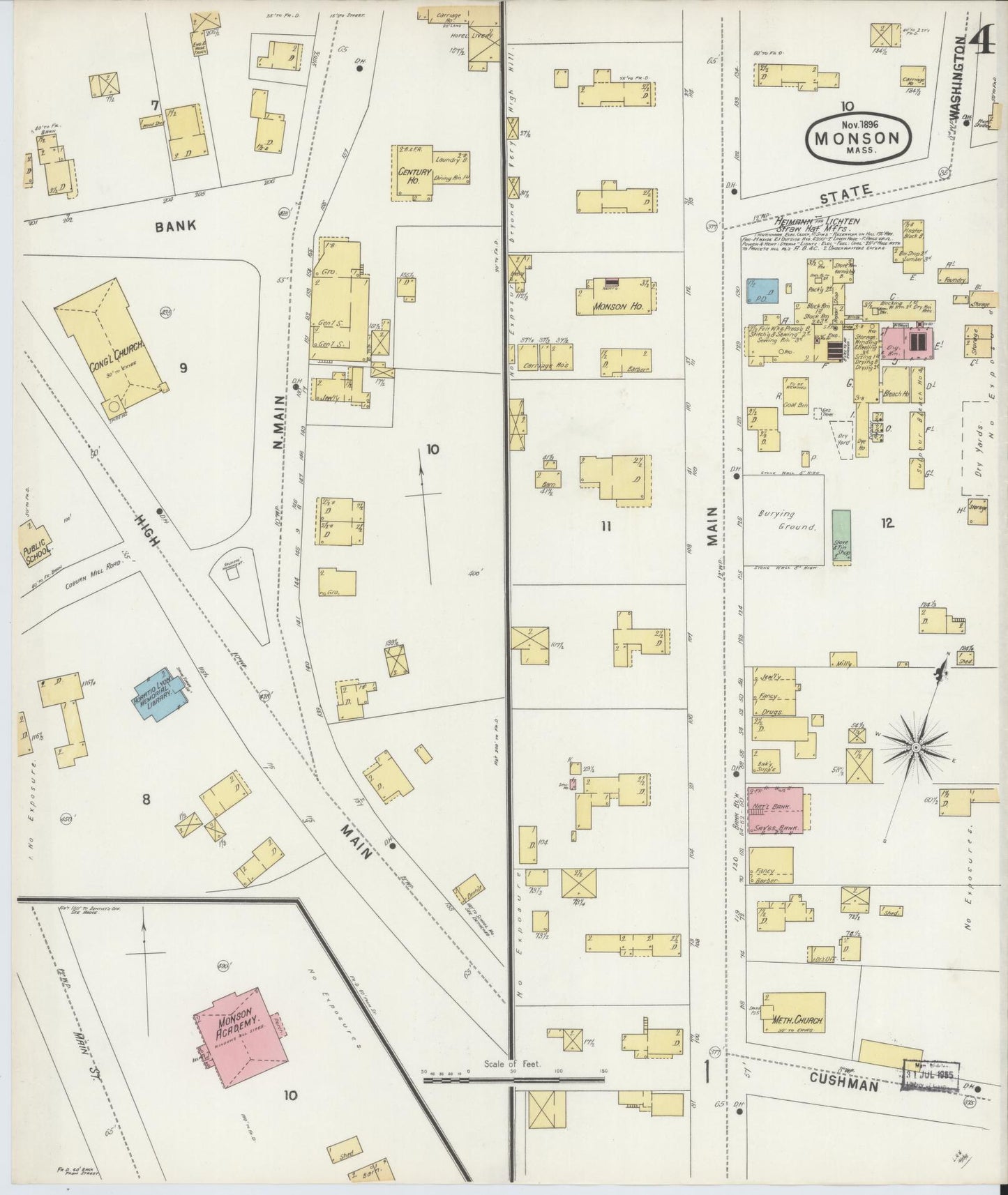 Sanborn Fire Insurance Map from Monson, Hampden County, Massachusetts (1896), Sheet #0004 - Historic Sanborn Fire Insurance Map Print, vintage old map wall art, antique decor, genealogy gift, Massachusetts Massachusetts map