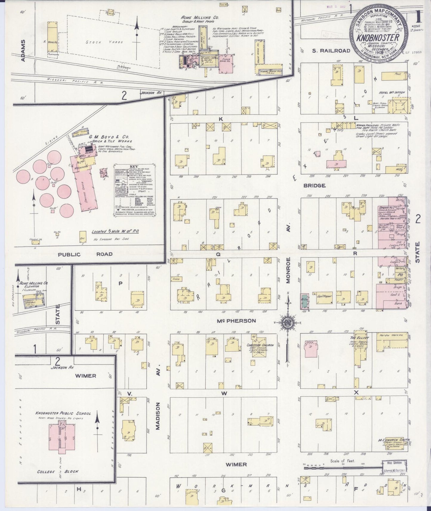 Sanborn Fire Insurance Map from Knobnoster, Johnson County, Missouri (1909), Sheet #0001 - Historic Sanborn Fire Insurance Map Print, vintage old map wall art, antique decor, genealogy gift, Missouri Missouri map