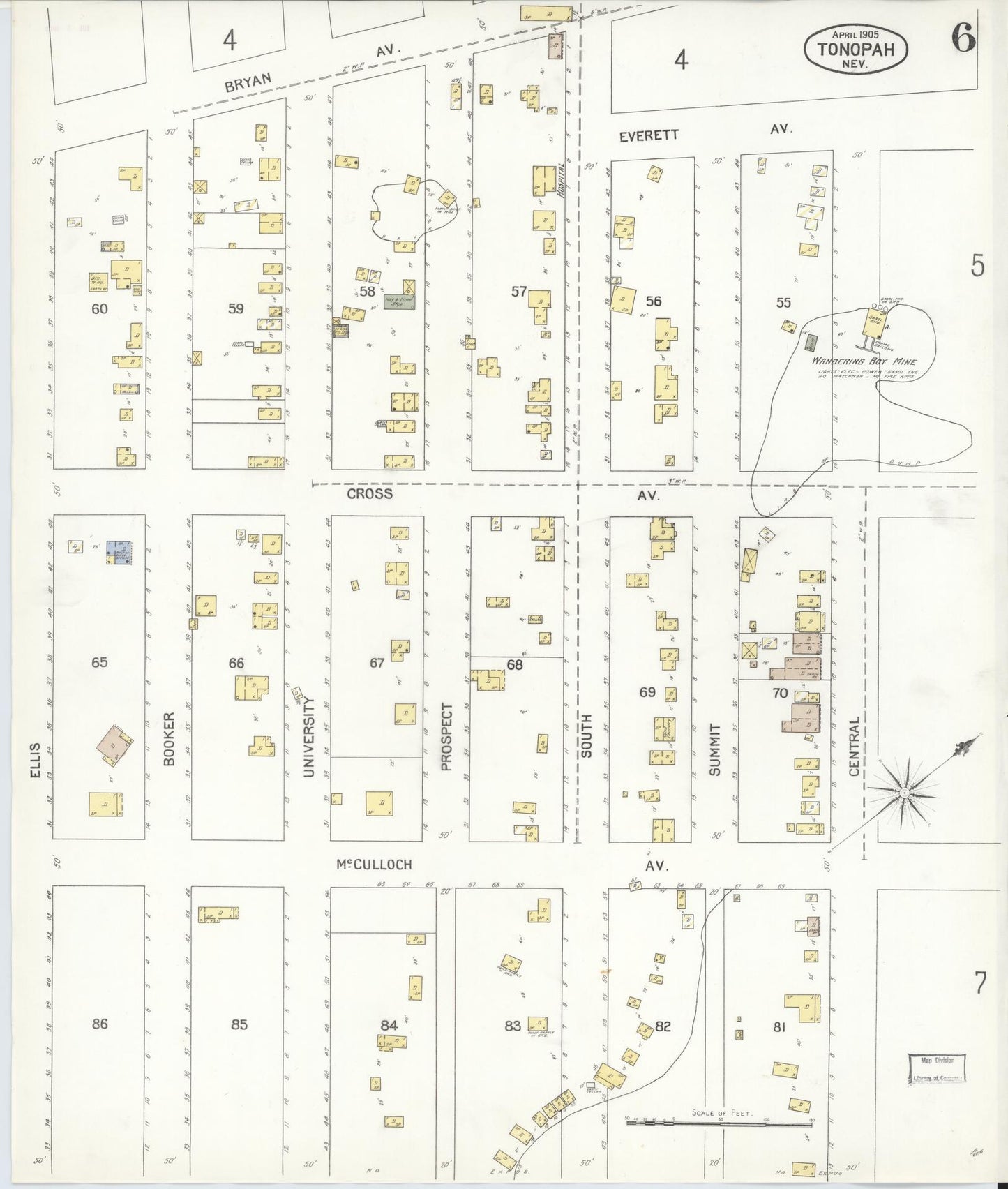Sanborn Fire Insurance Map from Tonopah, Nye County, Nevada (1905), Sheet #0006 - Historic Sanborn Fire Insurance Map Print, vintage old map wall art, antique decor, genealogy gift, Nevada Nevada map