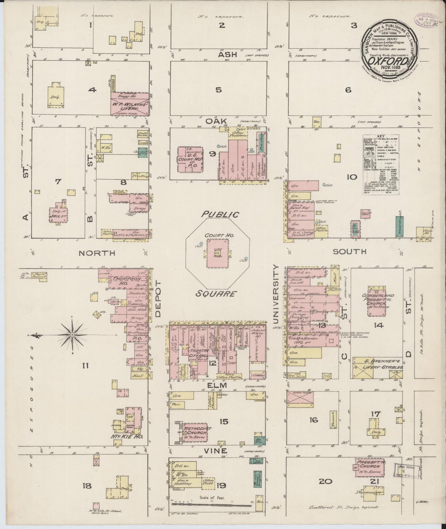 Sanborn Fire Insurance Map from Oxford, Lafayette County, Mississippi (1885), Sheet #0001 - Historic Sanborn Fire Insurance Map Print, vintage old map wall art, antique decor, genealogy gift, Mississippi Mississippi map