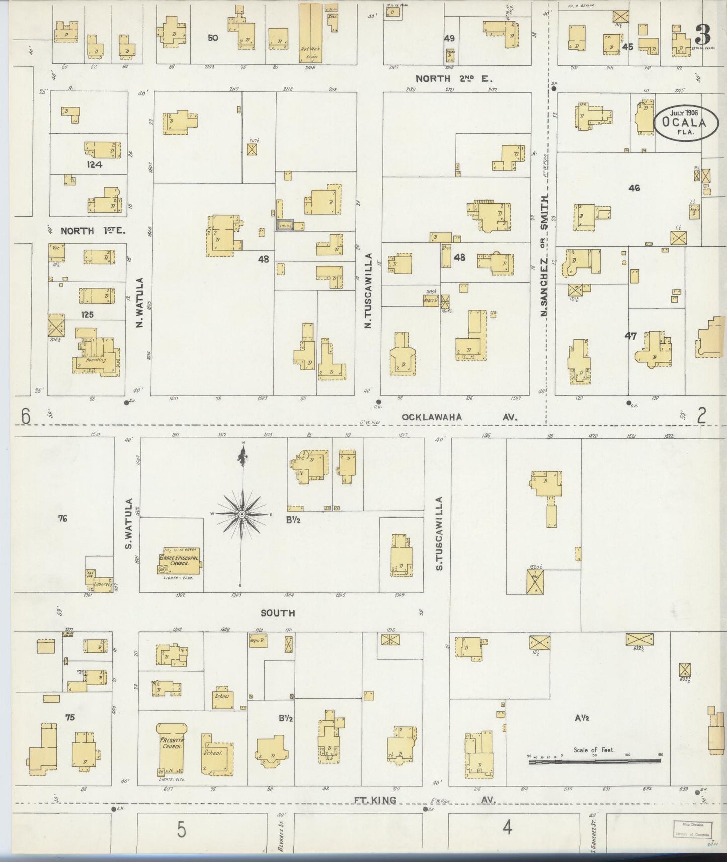Sanborn Fire Insurance Map from Ocala, Marion County, Florida (1906), Sheet #0003 - Historic Sanborn Fire Insurance Map Print, vintage old map wall art, antique decor, genealogy gift, Florida Florida map