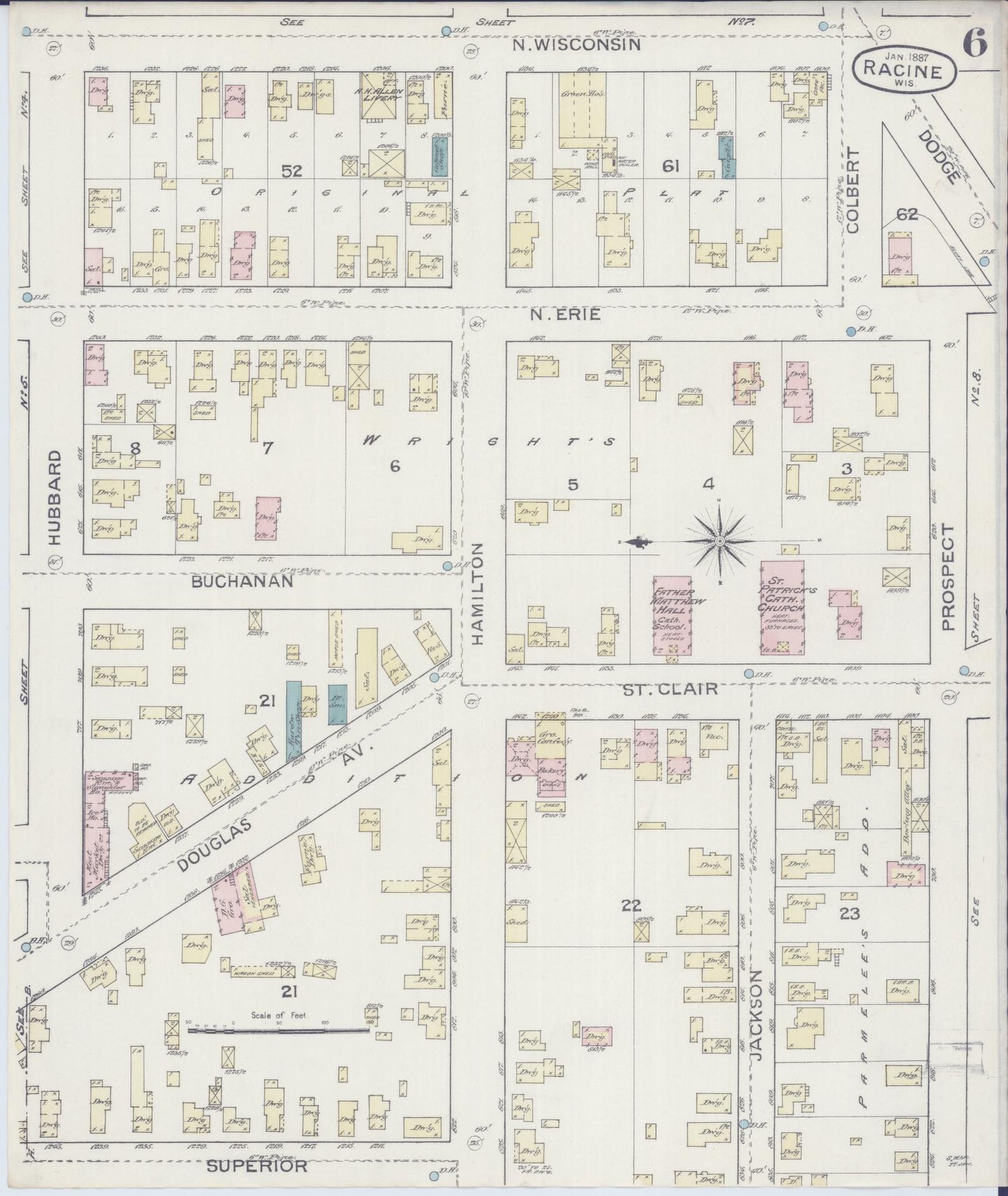 Sanborn Fire Insurance Map from Racine, Racine County, Wisconsin (1887), Sheet #0006 - Historic Sanborn Fire Insurance Map Print, vintage old map wall art, antique decor, genealogy gift, Wisconsin Wisconsin map