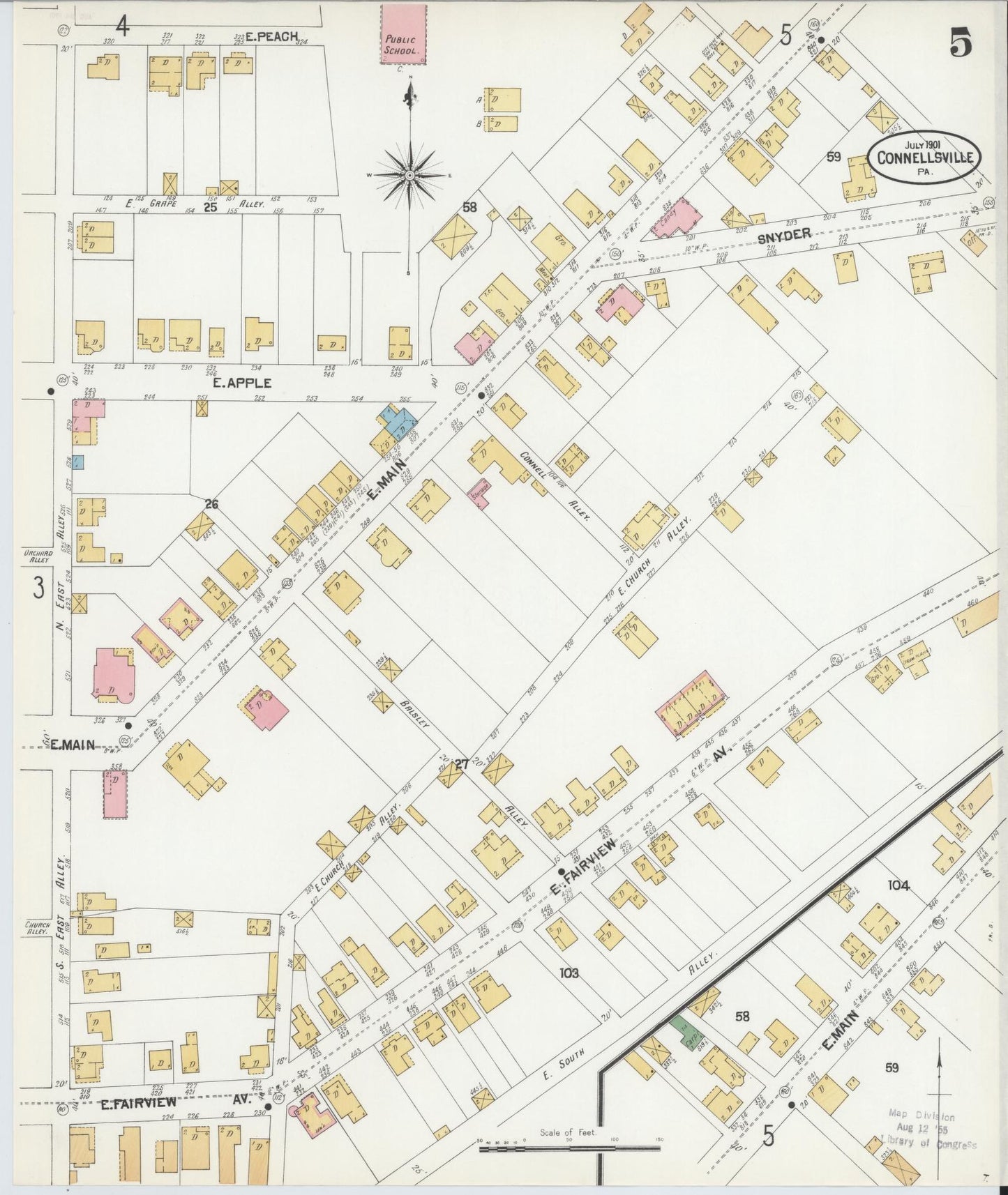 Sanborn Fire Insurance Map from Connellsville, Fayette County, Pennsylvania (1901), Sheet #0005 - Historic Sanborn Fire Insurance Map Print, vintage old map wall art, antique decor, genealogy gift, Pennsylvania Pennsylvania map