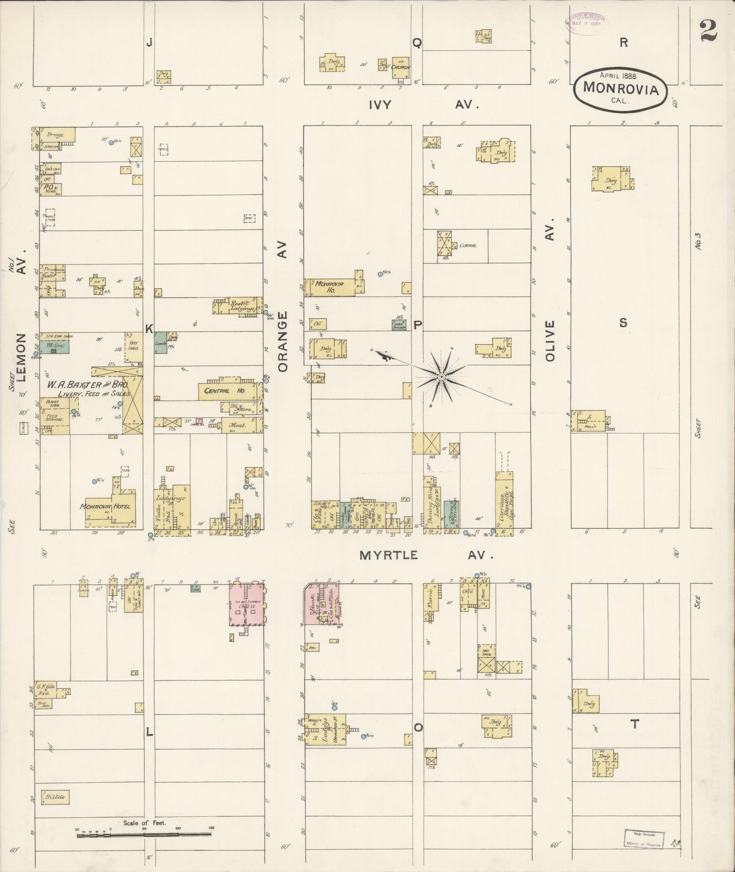 Sanborn Fire Insurance Map from Monrovia, Los Angeles County, California (1888), Sheet #0002 - Historic Sanborn Fire Insurance Map Print, vintage old map wall art, antique decor, genealogy gift, California California map
