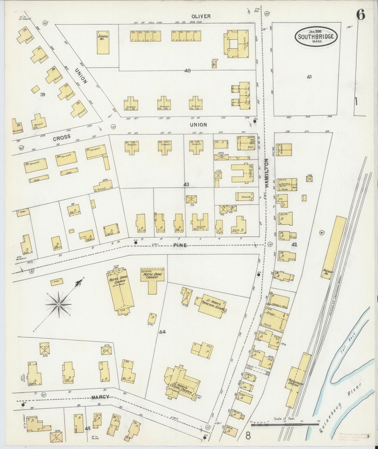 Sanborn Fire Insurance Map from Southbridge, Worcester County, Massachusetts (1899), Sheet #0006 - Historic Sanborn Fire Insurance Map Print, vintage old map wall art, antique decor, genealogy gift, Massachusetts Massachusetts map