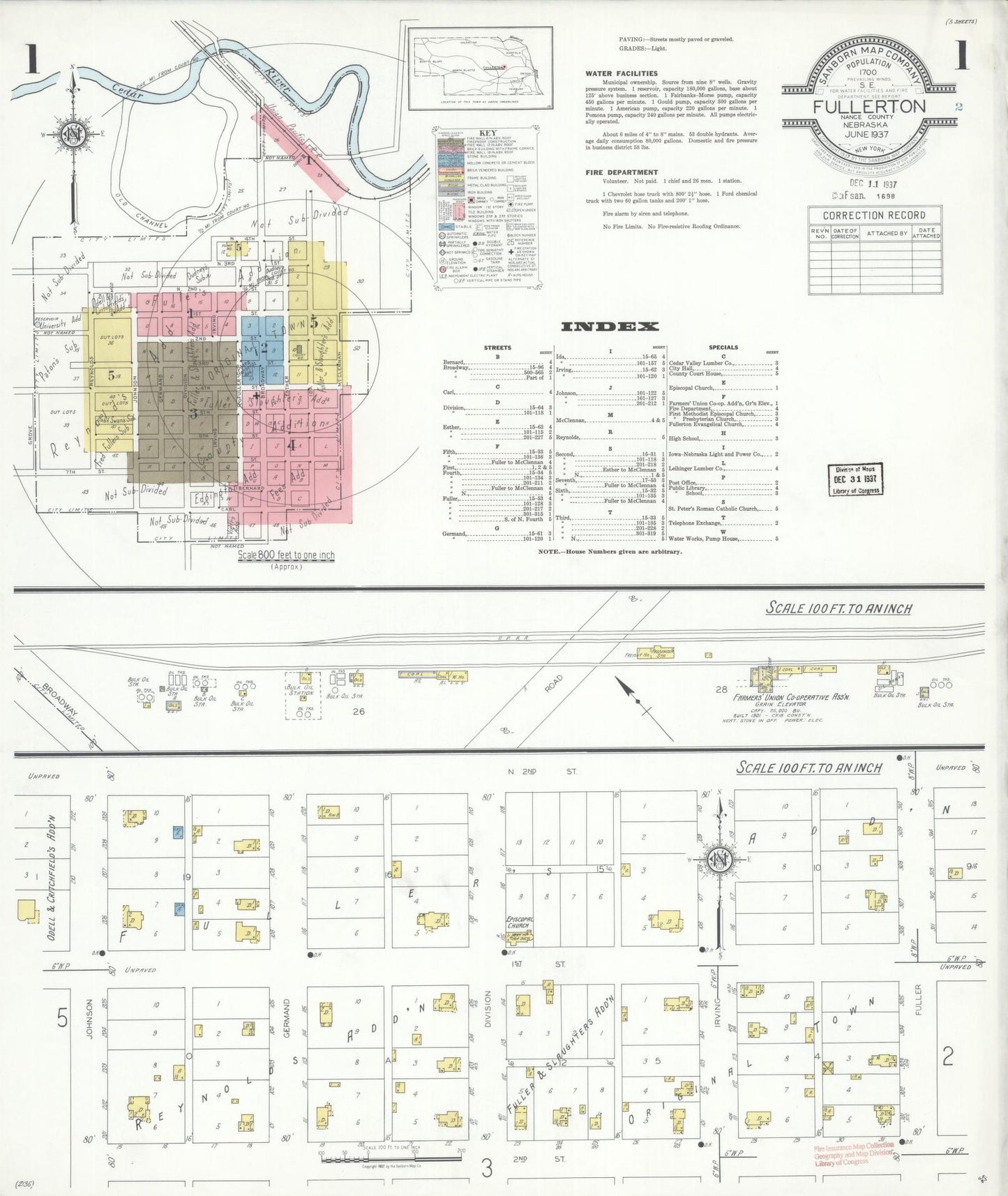 Sanborn Fire Insurance Map from Fullerton, Nance County, Nebraska (1937), Sheet #0001 - Historic Sanborn Fire Insurance Map Print, vintage old map wall art, antique decor, genealogy gift, Nebraska Nebraska map