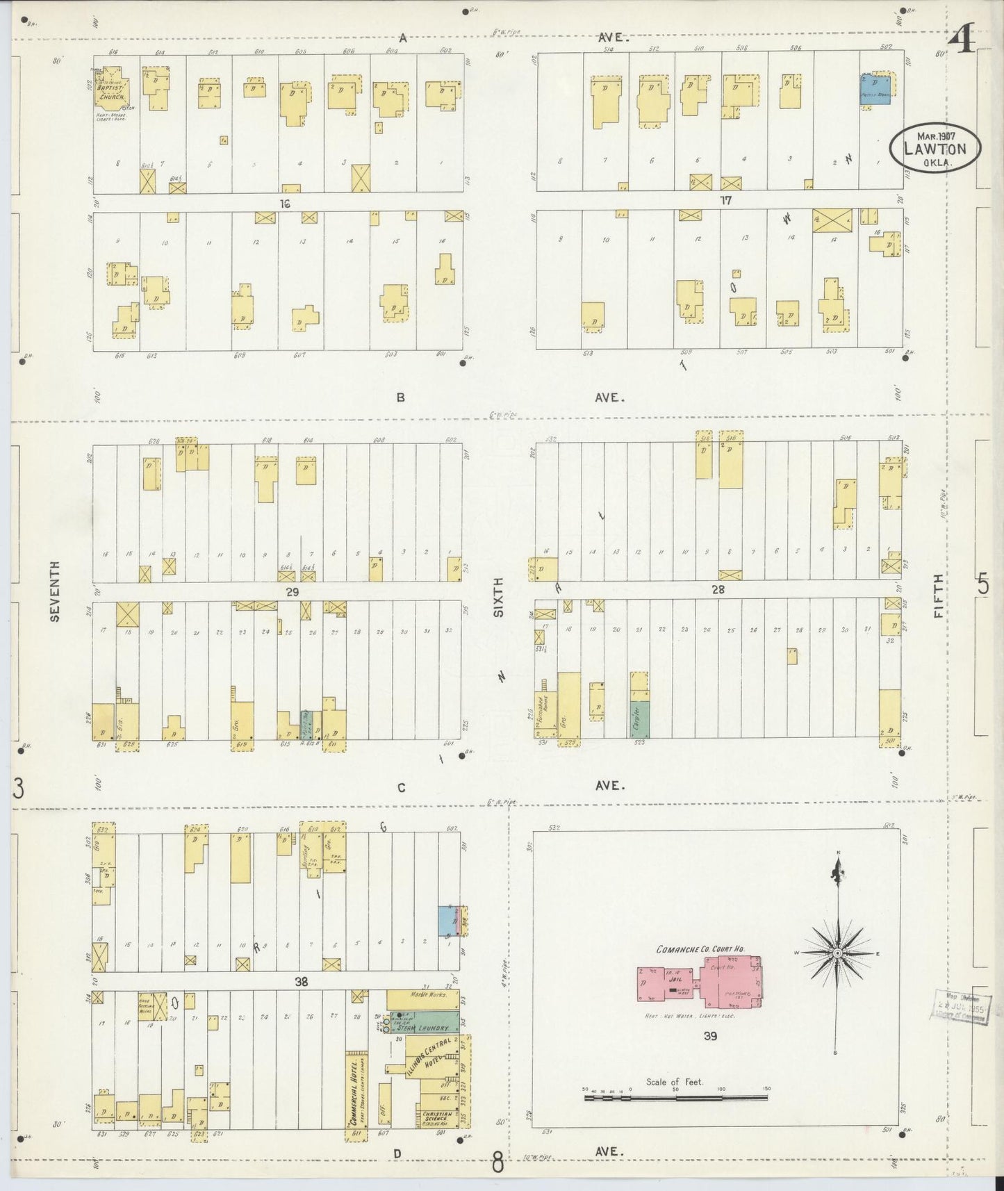 Sanborn Fire Insurance Map from Lawton, Comanche County, Oklahoma (1907), Sheet #0004 - Historic Sanborn Fire Insurance Map Print, vintage old map wall art, antique decor, genealogy gift, Oklahoma Oklahoma map