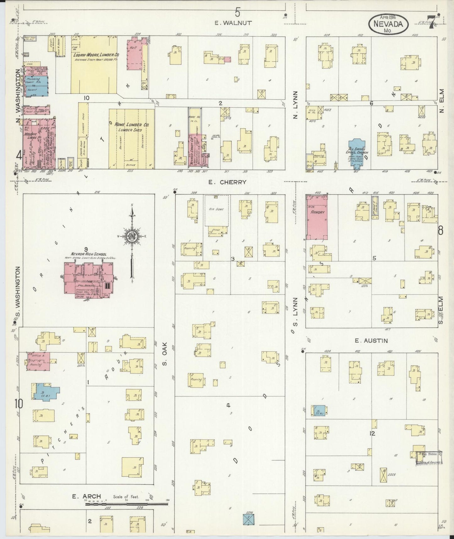 Sanborn Fire Insurance Map from Nevada, Vernon County, Missouri (1914), Sheet #0007 - Historic Sanborn Fire Insurance Map Print, vintage old map wall art, antique decor, genealogy gift, Missouri Missouri map
